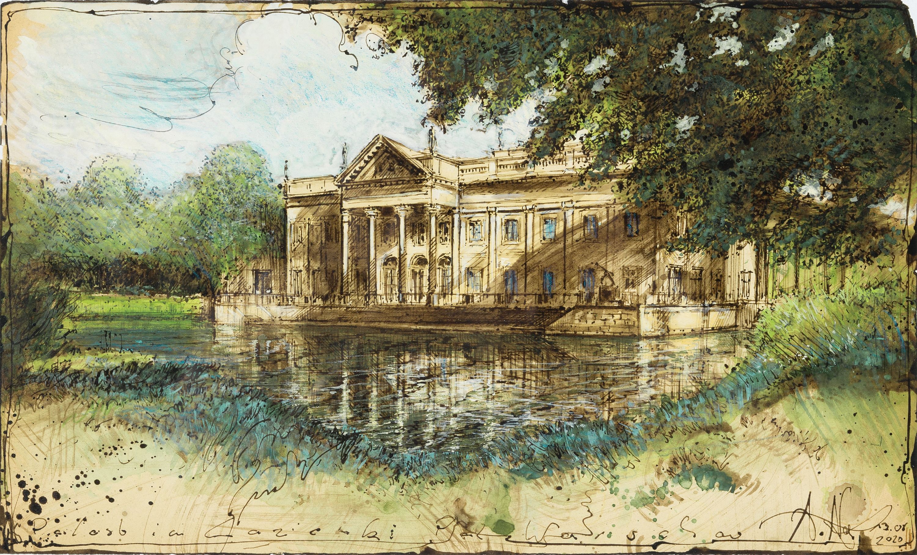Andreas Noßmann, geb. 1962, Titel: "Palast im Lazienki Park Warschau, Polen", Feder, Aquarell und Farbstift auf Papier, dat., betitelt, ...