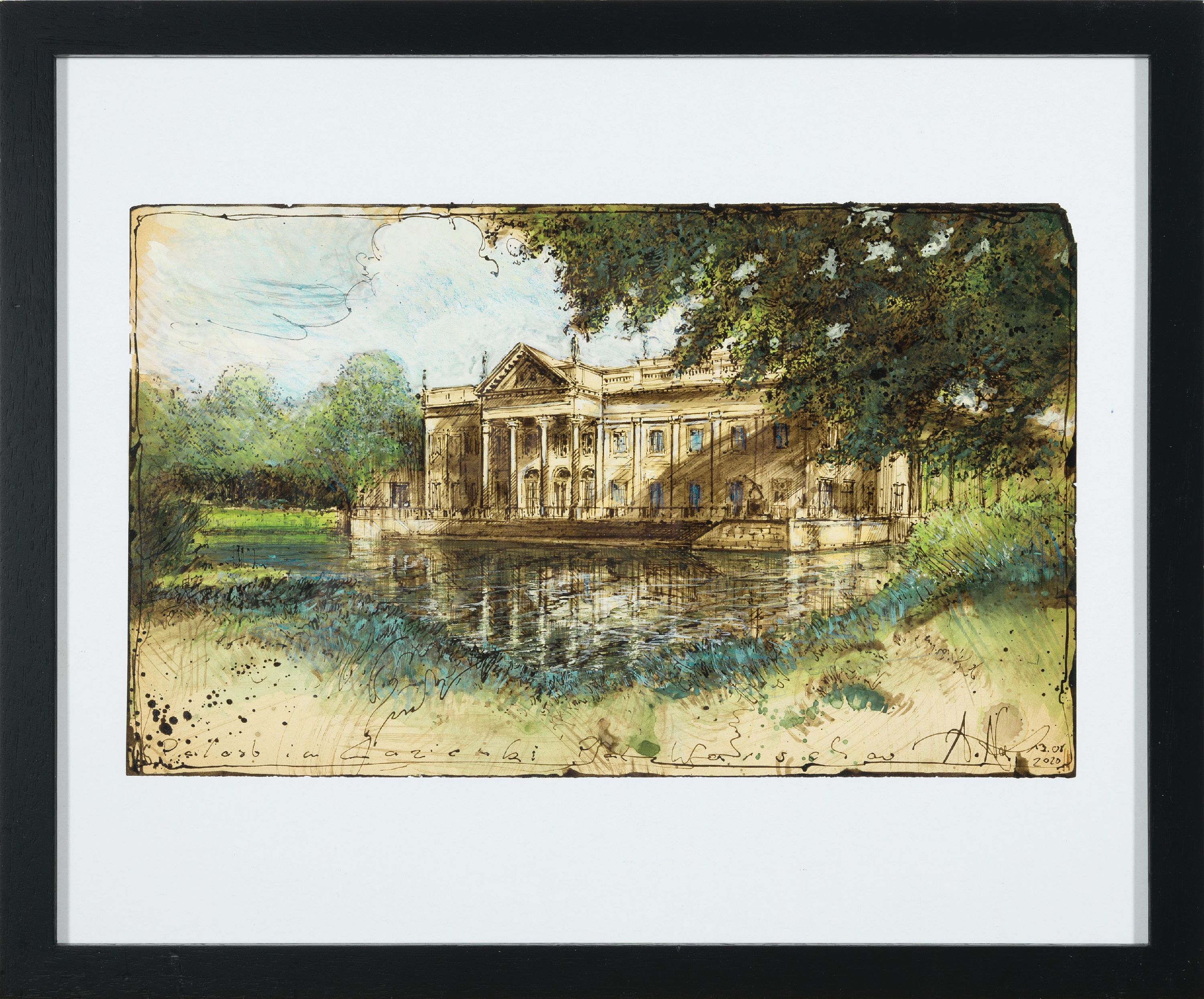 Detail k: Andreas Noßmann, geb. 1962, Titel: "Palast im Lazienki Park Warschau, Polen", Feder, Aquarell und Farbstift auf Papier, dat., betitelt, ...
