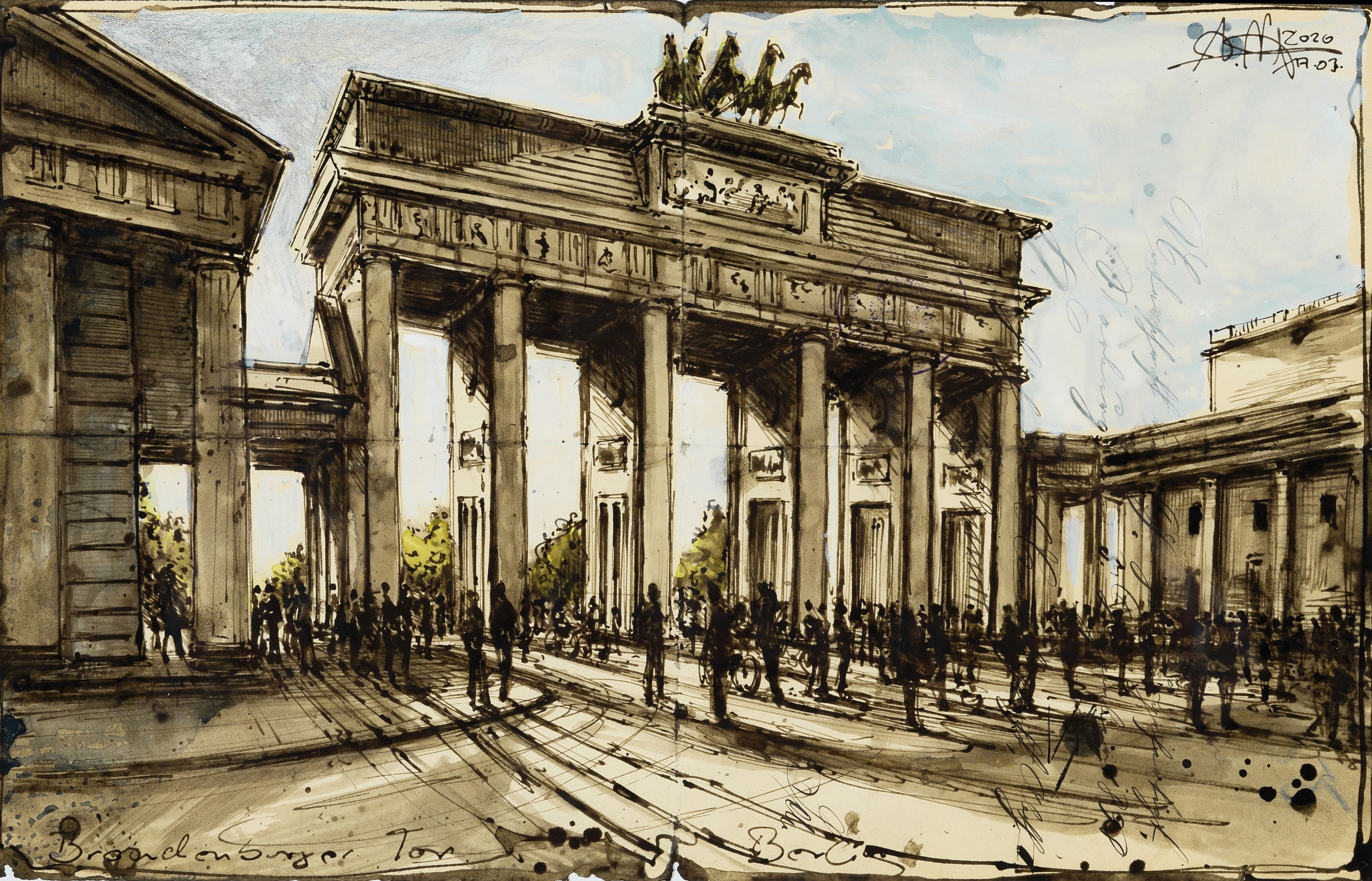 Andreas Noßmann, geb. 1962, Titel: "Brandenburger Tor, Berlin", Feder Aquarell und Farbstift auf Papier, handsign., dat., betitelt, aus ...