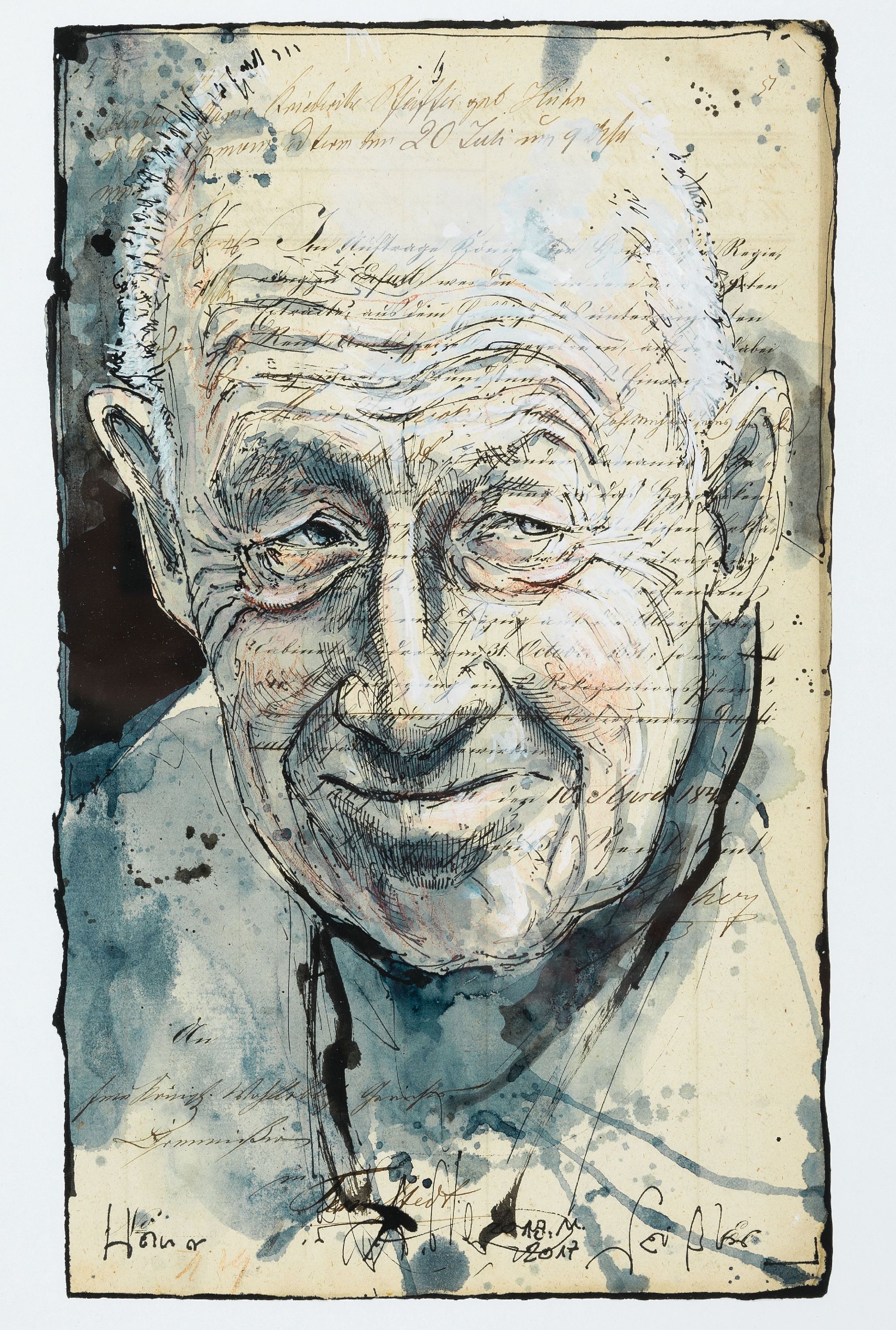 Andreas Noßmann, geb. 1962, Titel: "Heiner Geißler", Feder, Aquarell und Farbstift auf Papier, handsign., dat., betitelt, aus dem Jahre ...