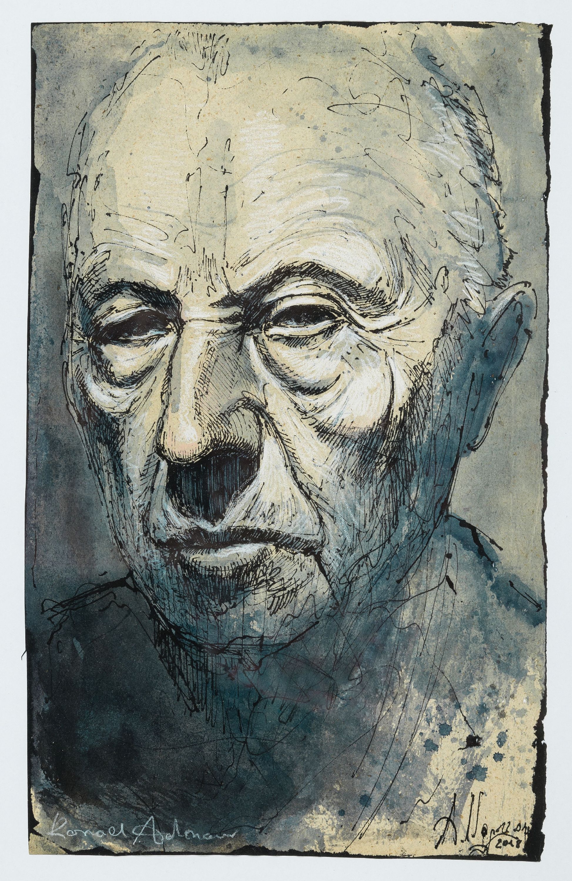 Andreas Noßmann,geb.1962, Titel: "Konrad Adenauer", Feder, Aquarell und Farbstift auf Papier, dat., betitelt, aus dem Jahre 2018, ...