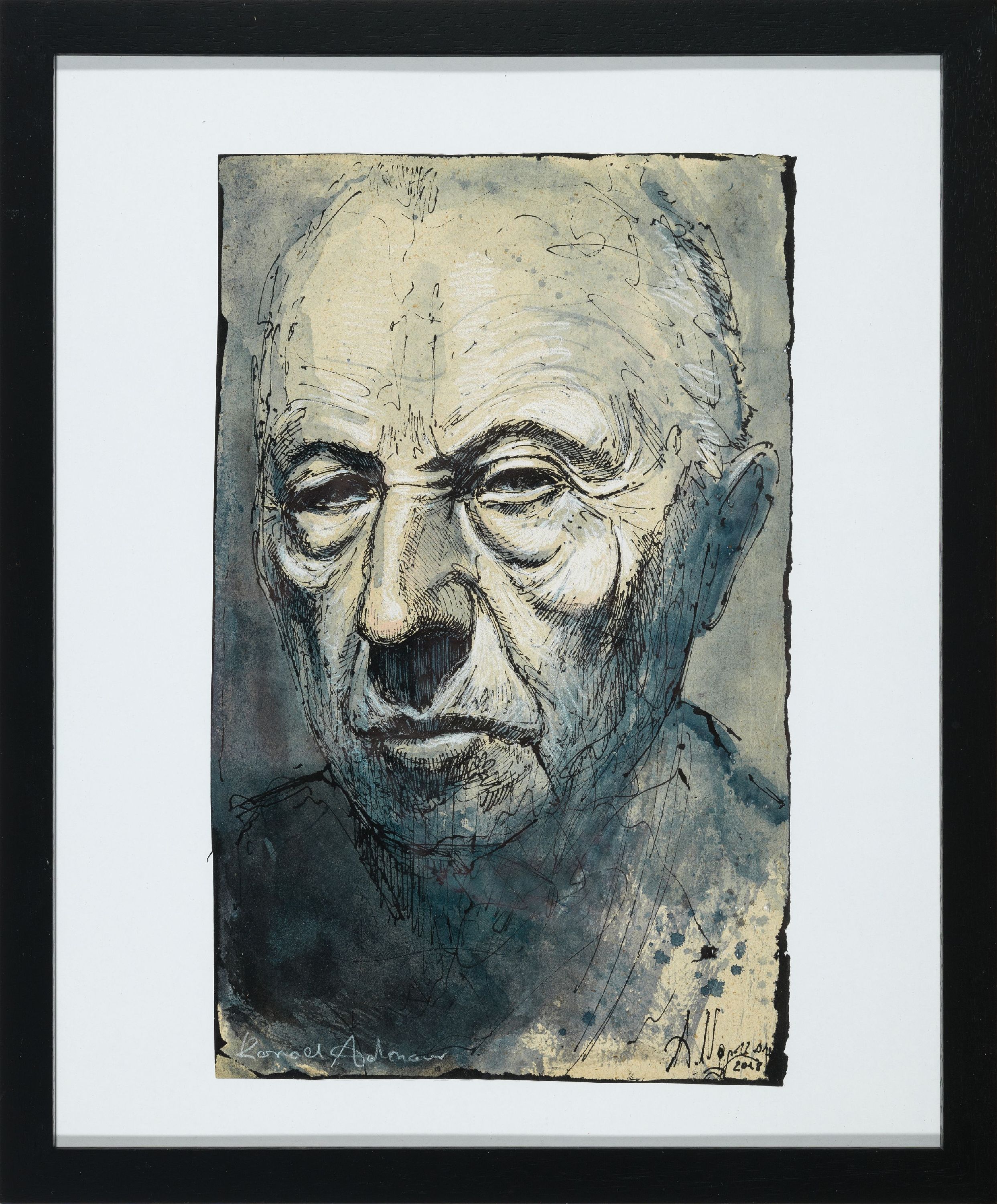 Detail k: Andreas Noßmann,geb.1962, Titel: "Konrad Adenauer", Feder, Aquarell und Farbstift auf Papier, dat., betitelt, aus dem Jahre 2018, ...