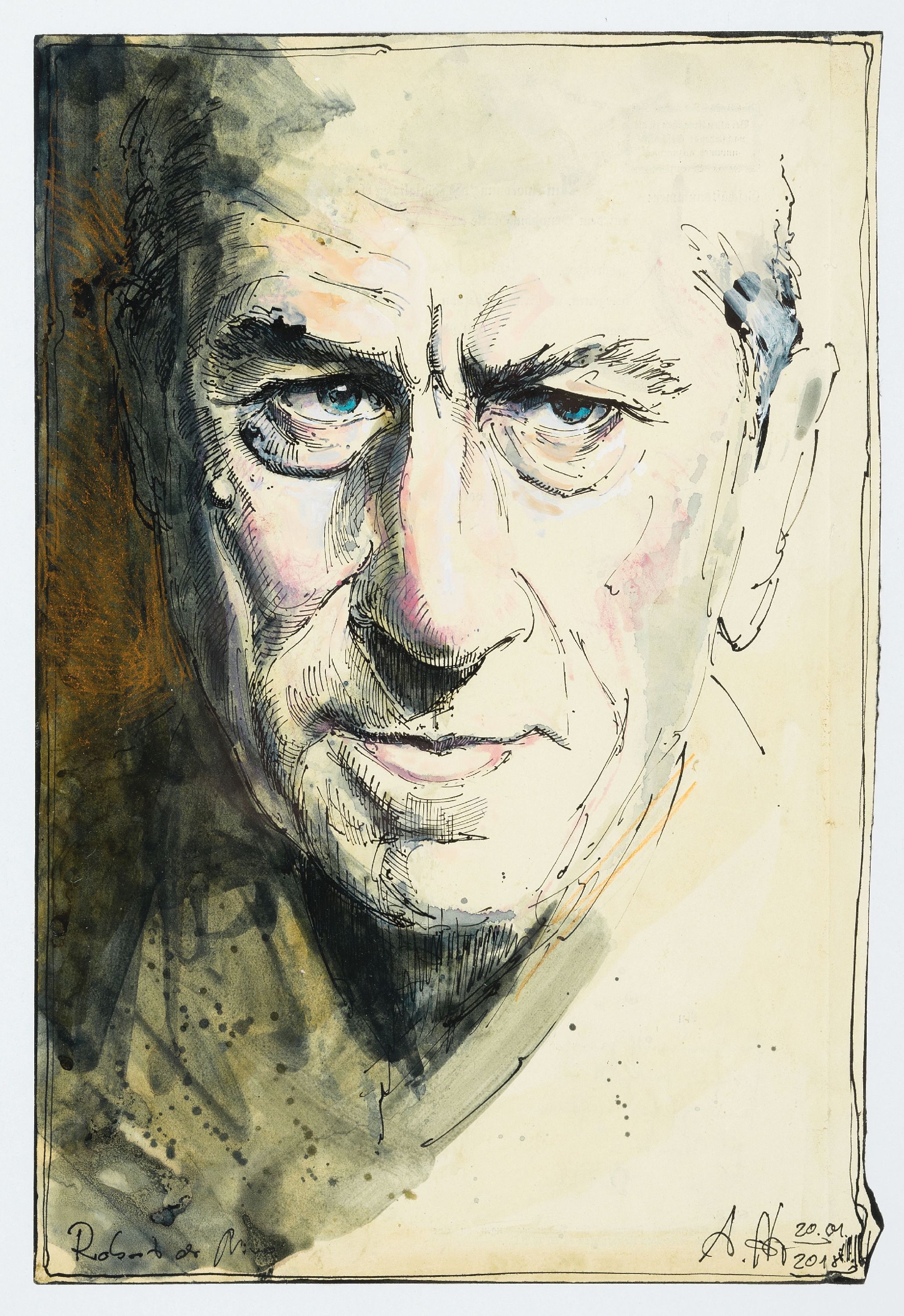 Andreas Noßmann, geb. 1962, Titel: "Robert de Niro", Feder Aquarell und Farbstift auf Papier, handsign., dat., betitelt, aus dem Jahre ...