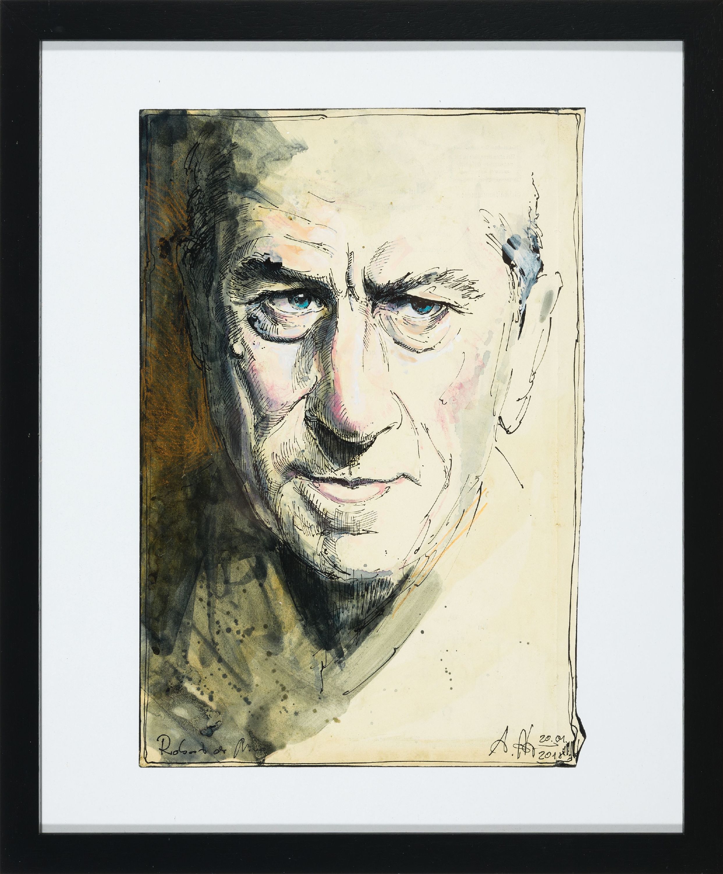 Detail k: Andreas Noßmann, geb. 1962, Titel: "Robert de Niro", Feder Aquarell und Farbstift auf Papier, handsign., dat., betitelt, aus dem Jahre ...