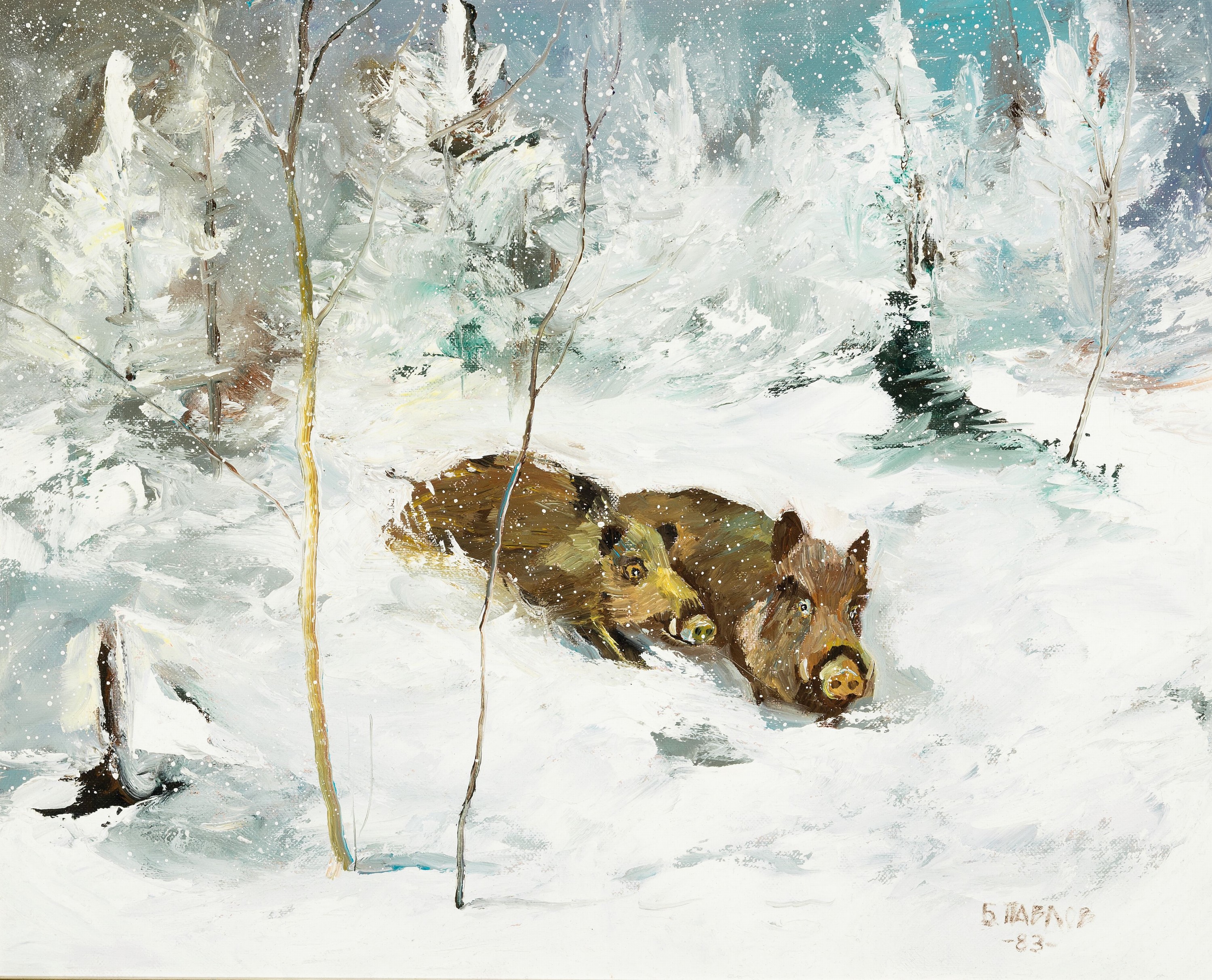 Boris Pavlov, 1928-2005, Titel: " Winter im Burgunderland-Schwarzwild am Waldrand", ÖL/Lwd, rechts unten sign., dat. 1983, verso ...