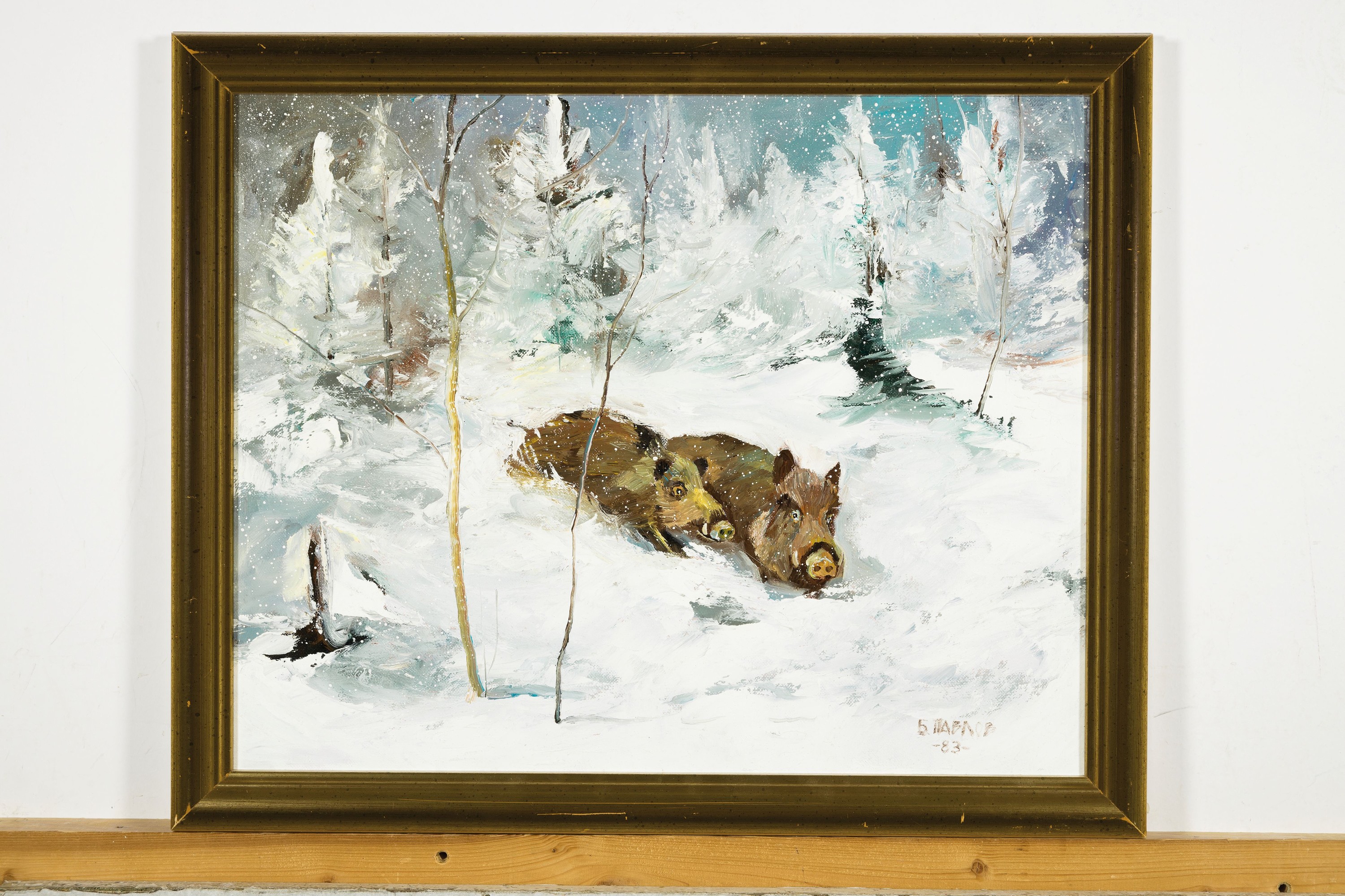 Detail k: Boris Pavlov, 1928-2005, Titel: " Winter im Burgunderland-Schwarzwild am Waldrand", ÖL/Lwd, rechts unten sign., dat. 1983, verso ...
