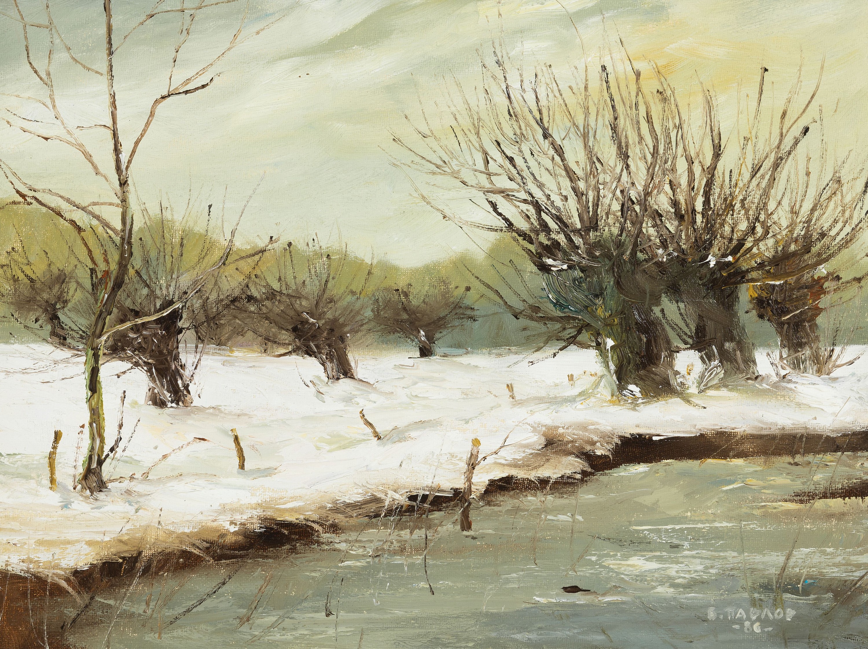 Boris Pavlov, 1928-2005, Titel: "Winterlandschaft im Rhone-Delta", Öl/Lwd, rechts unten sign., dat. 1986, verso Echtheitszertifikat mit ...