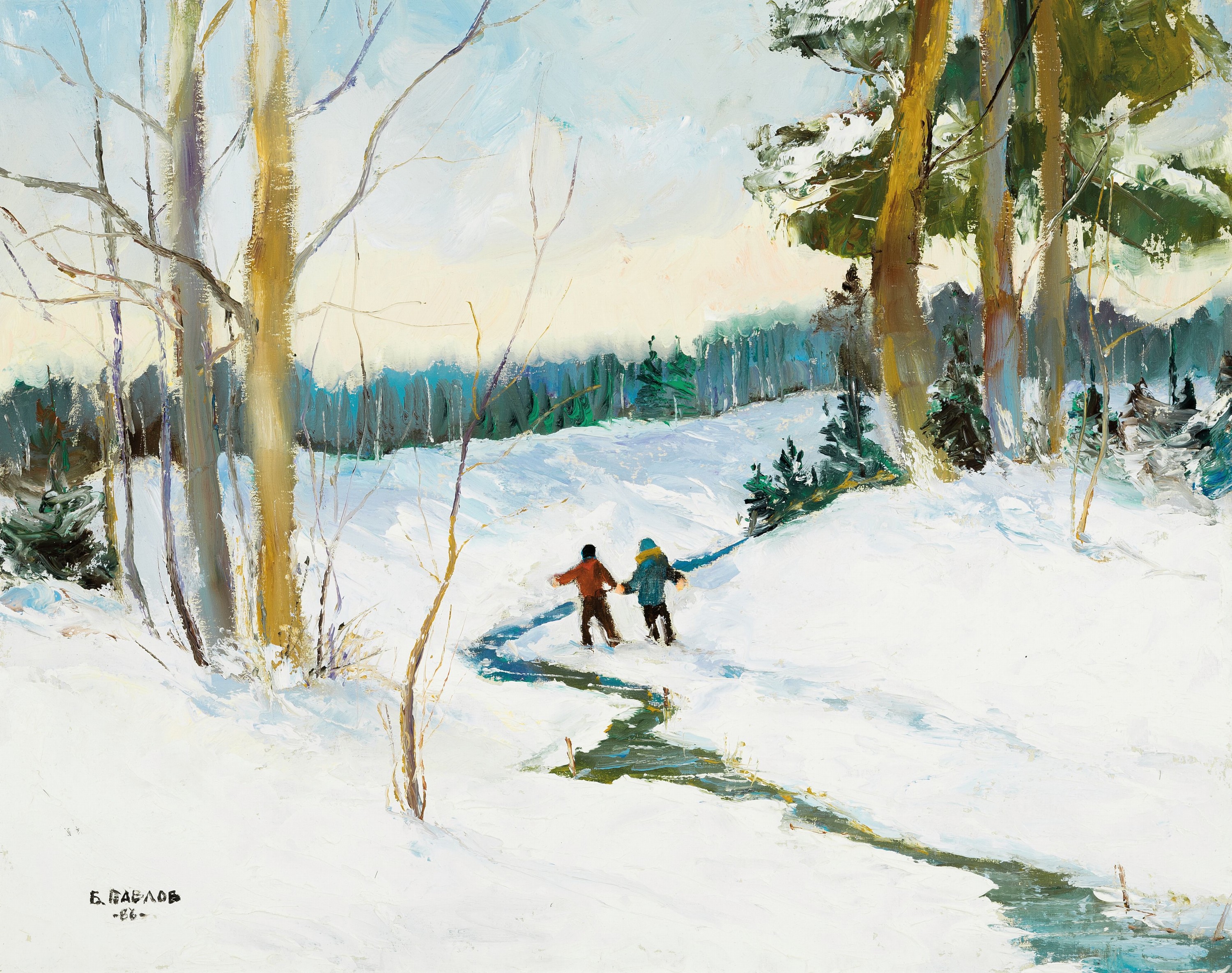 Boris Pavlov, 1928-2005, Titel: "Winterspaziergänger im Wald in der Nähe von Chambery, Winter 1986", Öl/Lwd auf Holz kaschiert, links ...