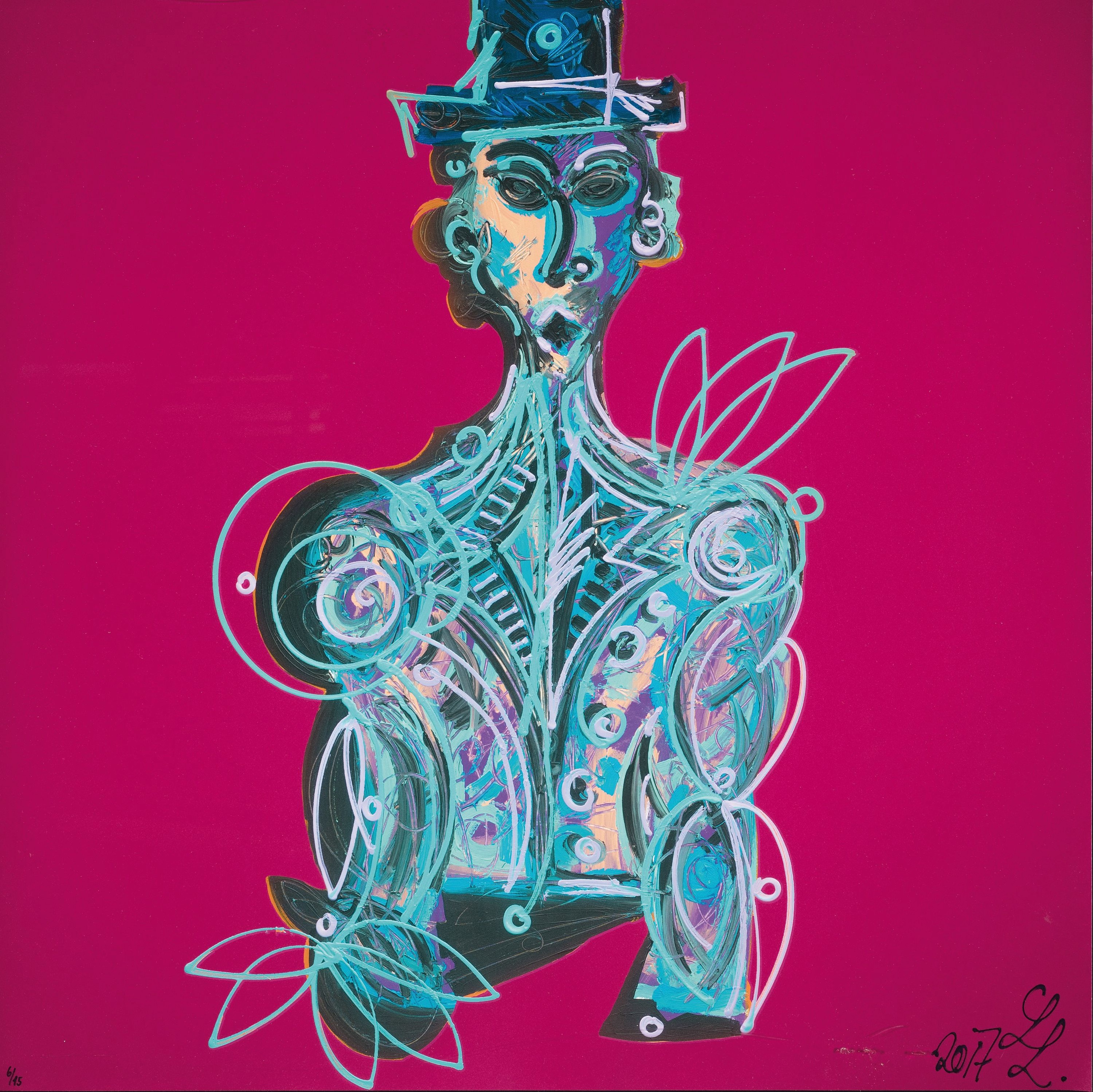 Leon Löwentraut, geb. 1998, Titel: "Blue Man", Mischtechnik: Gicleedruck von 12 Farben auf 300g Büttenpapier und Siebdruck ...
