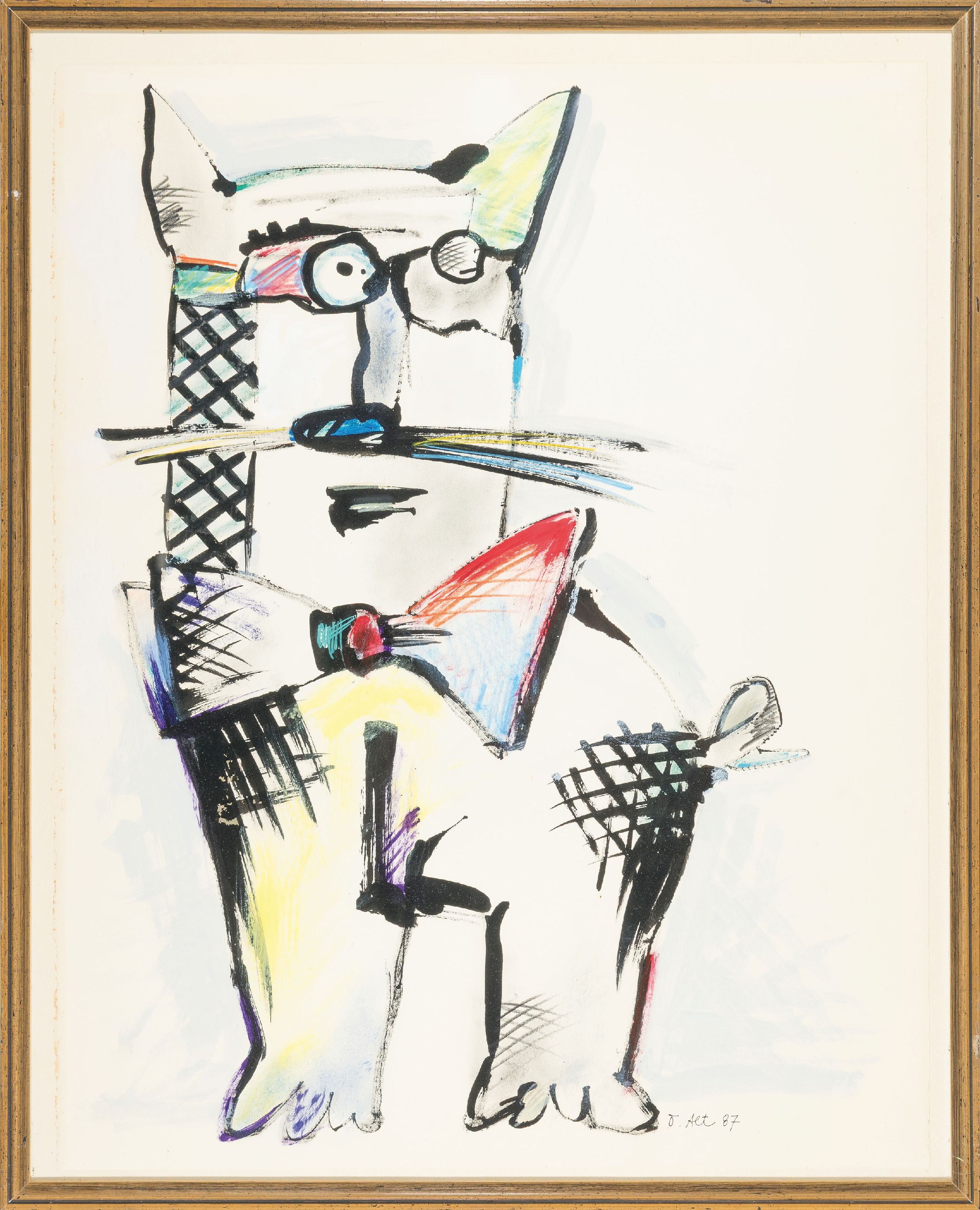 Detail k: Otmar Alt, geb. 1940, Ohne Titel, Katze mit Fliege, Gouache auf Papier, sign. und dat. 87 rechts unten, ca. 72x57cm, u.Gl., R. ca. 79x63cm