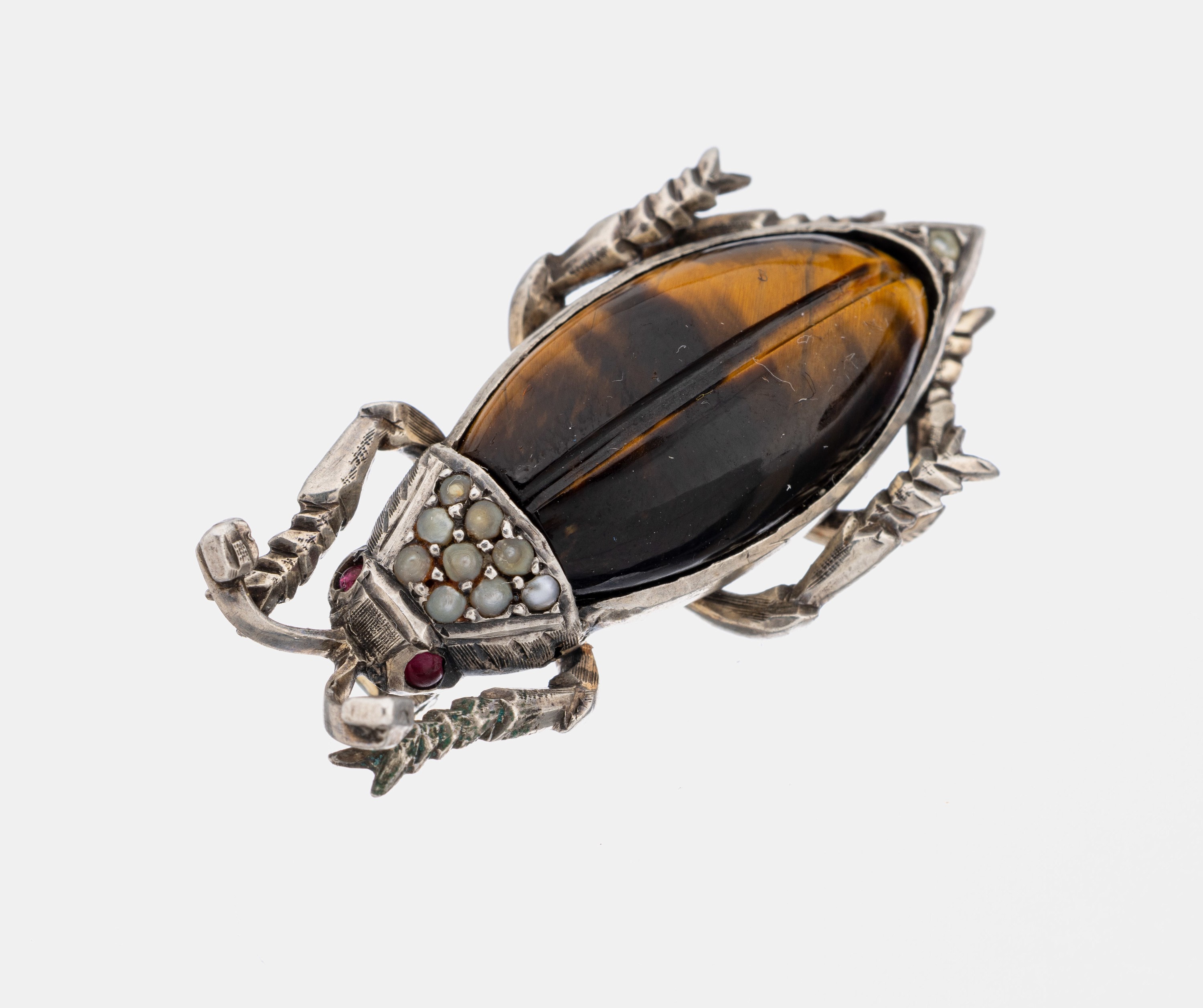 Ausgefallene Tigerauge-Perl-Brosche "Insekt", Silber gepr., Korpus ovaler Tigerauge, kl. Flussperlen, Augen kl. rote Glassteine, ca. 3.5 x ...