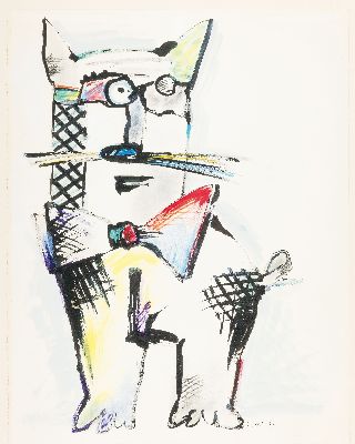 Image Otmar Alt, geb. 1940, Ohne Titel, Katze mit Fliege, Gouache auf Papier, sign. und dat. ...