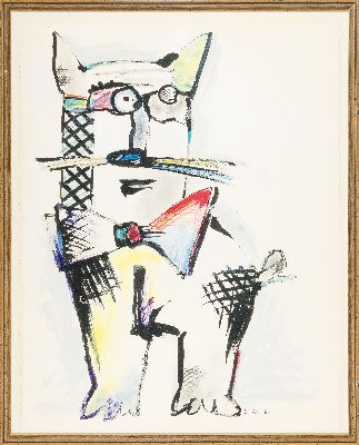 26890656k - Otmar Alt, geb. 1940, Ohne Titel, Katze mit Fliege, Gouache auf Papier, sign. und dat. ...