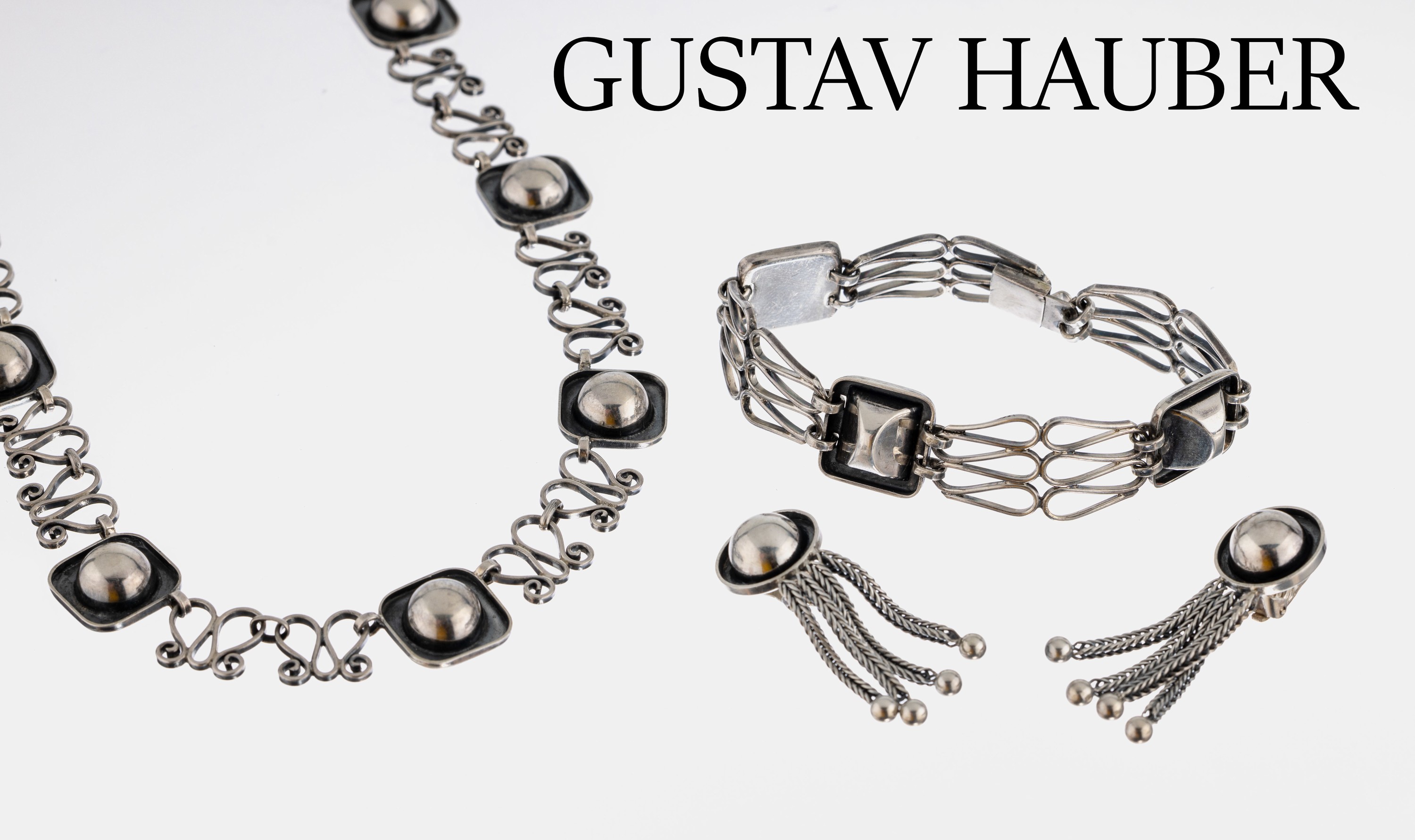 GUSTAV HAUBER Schmuck-Konvolut, 1960er Jahre, 835er Silber, Schwäbisch-Gmünd, best. aus: 1 Collier, L. ca. 45.5 cm, Kastenschloss, quadratische ...