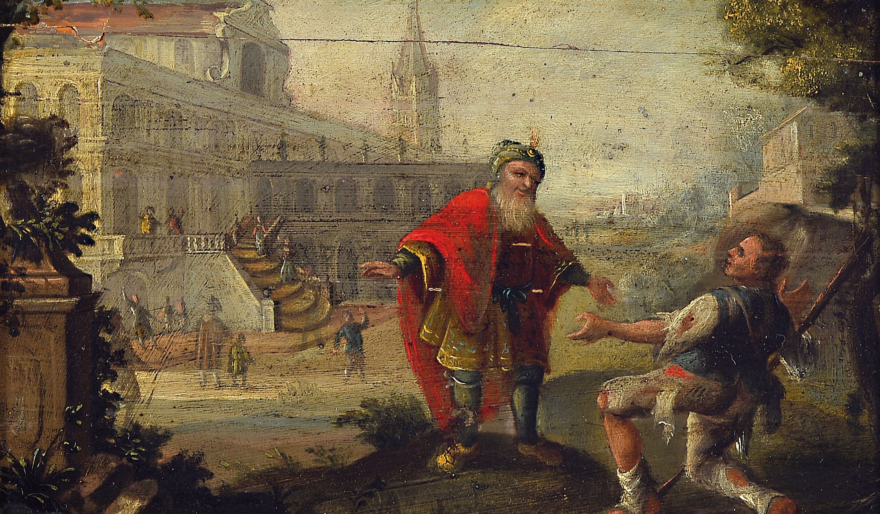 Detail a: Unbekannter Künstler des fortgeschrittenen 18 .Jh., 2 alttestamentarische Szenen: Der verlorene Sohn und ungedeutete Tempelszene, restauriert, je ...