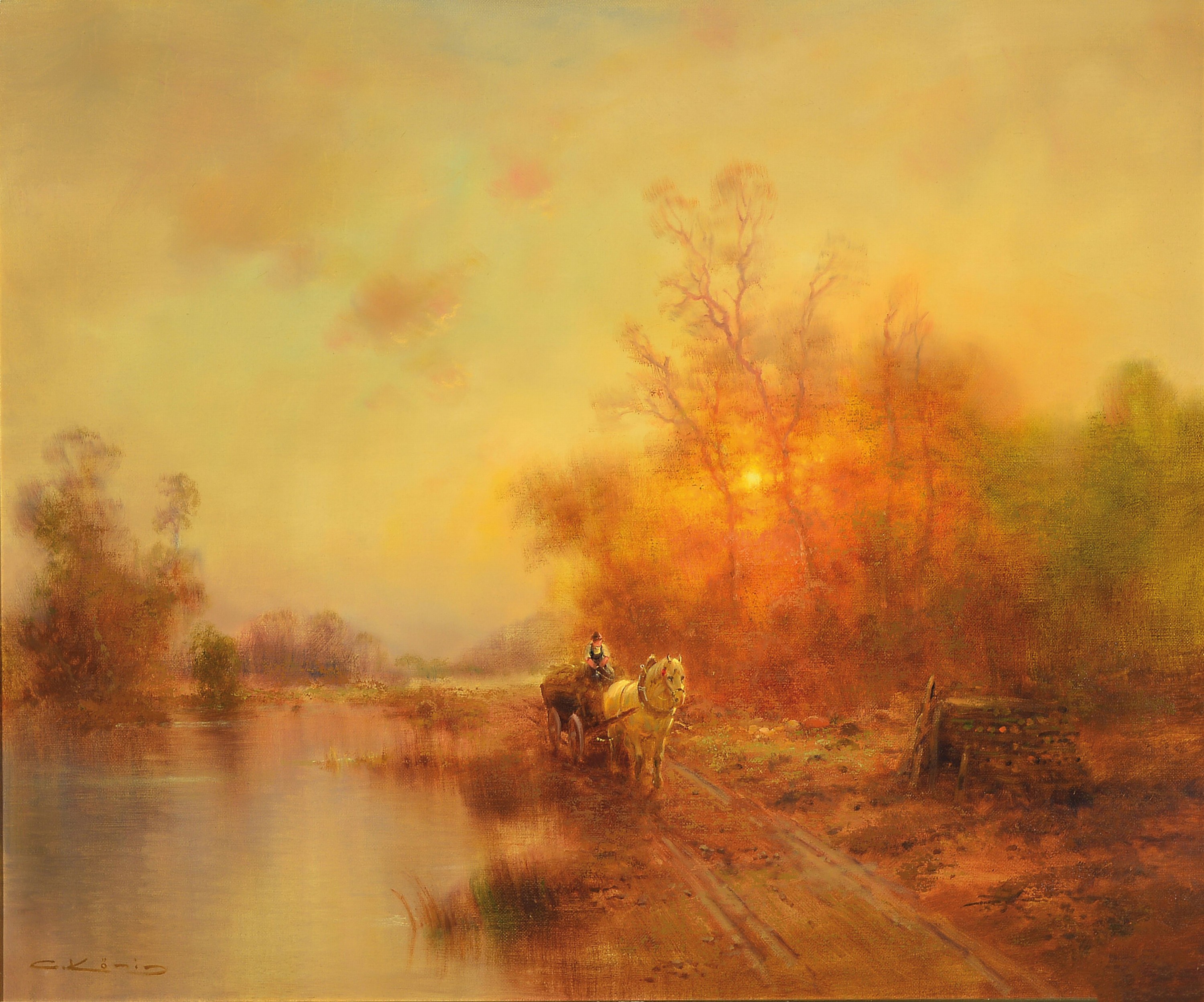 Günter König, 1925 Trier-2007, Landschaft mit Fuhrwerk, links unten signiert, Öl/Lwd, 50x60 cm, Stil-rahmen 67x77 cm, ehemaliger Galeriepreis 4300 ...