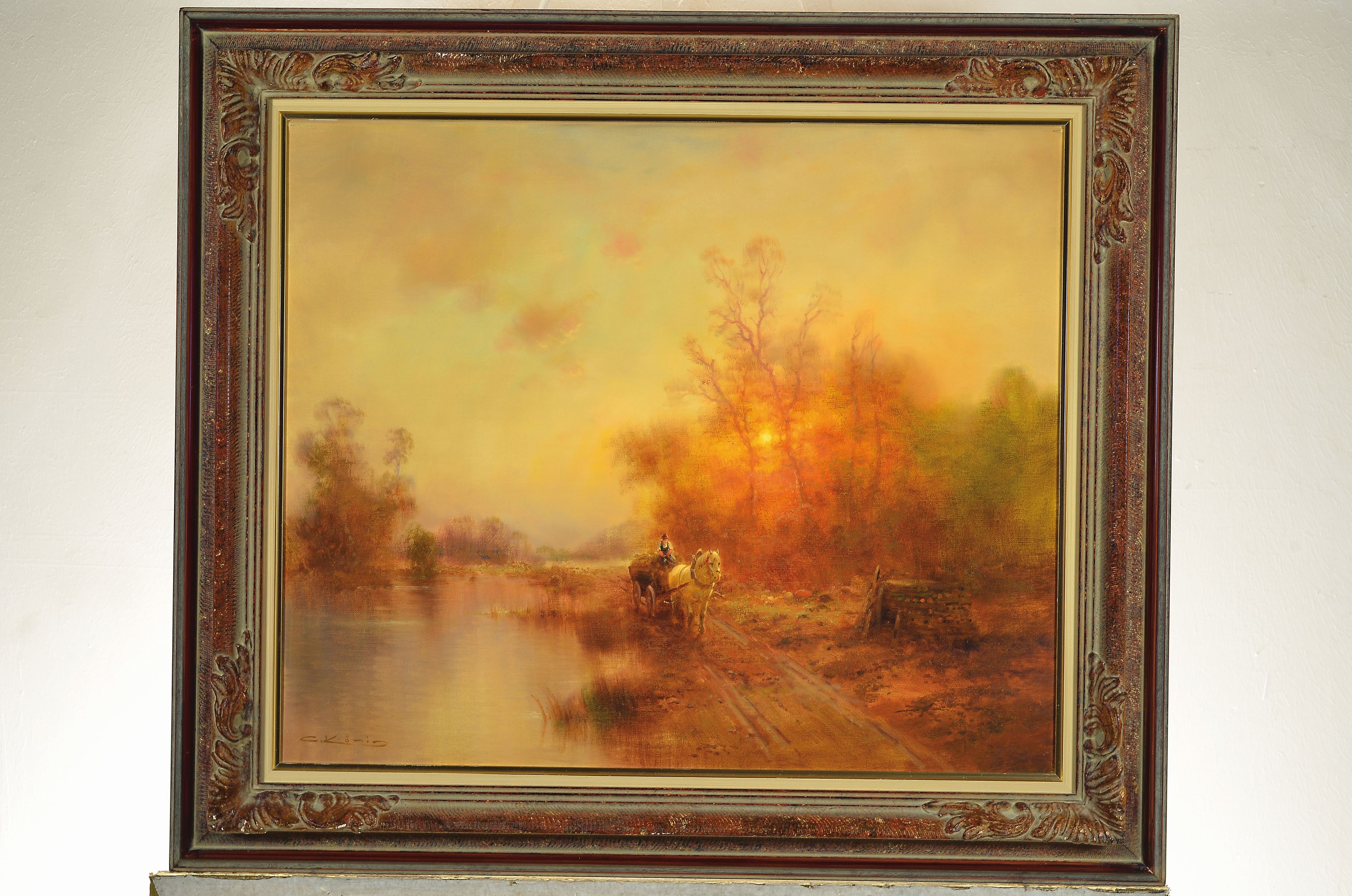 Detail k: Günter König, 1925 Trier-2007, Landschaft mit Fuhrwerk, links unten signiert, Öl/Lwd, 50x60 cm, Stil-rahmen 67x77 cm, ehemaliger Galeriepreis 4300 ...
