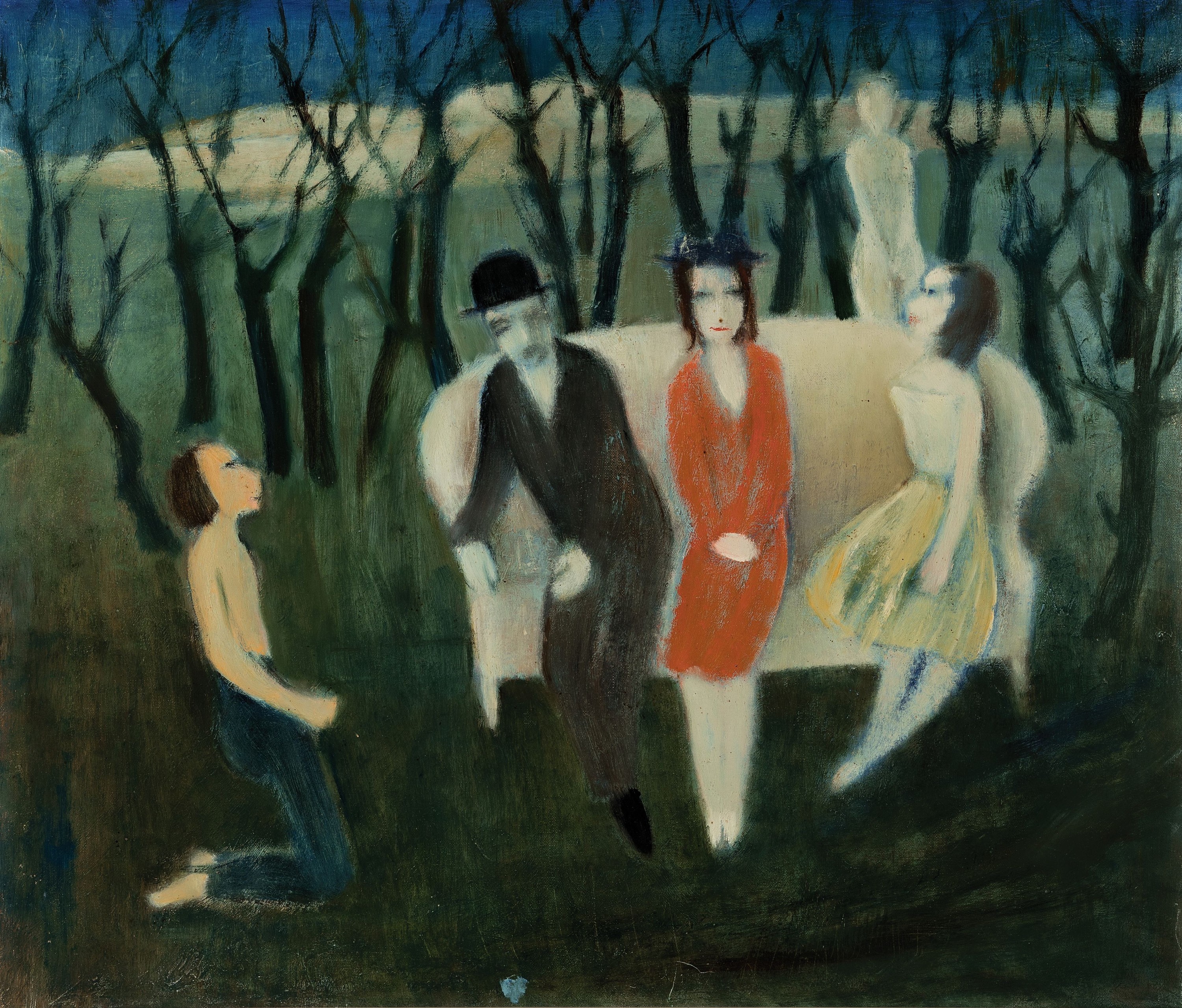 Unbekannter naiver Künstler, Anfang/Mitte 20 .Jh., Figurengruppe auf Sofa im Wald, unsigniert, Öl/Lwd, Rahmen 77x86 cm