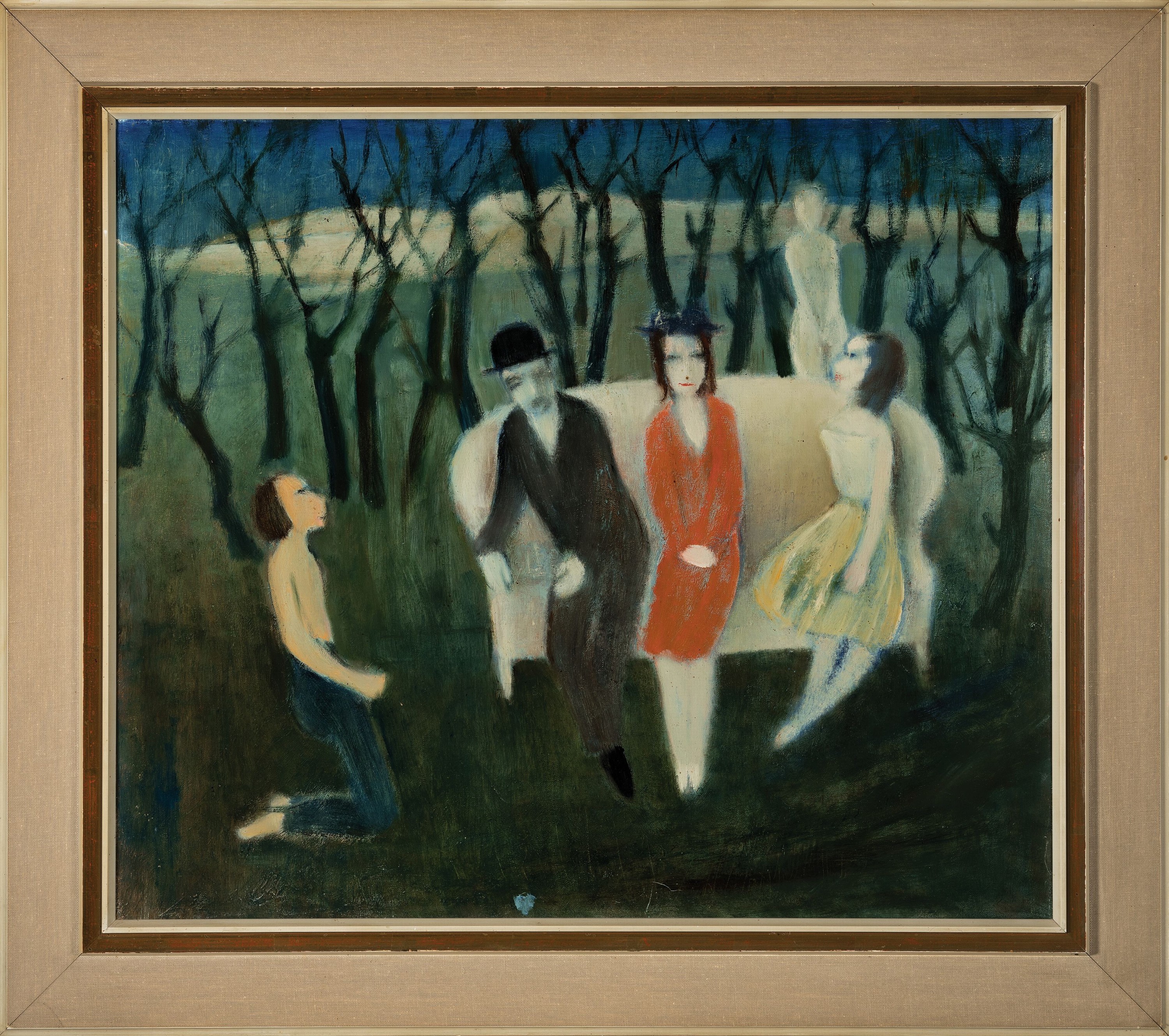 Detail k: Unbekannter naiver Künstler, Anfang/Mitte 20 .Jh., Figurengruppe auf Sofa im Wald, unsigniert, Öl/Lwd, Rahmen 77x86 cm