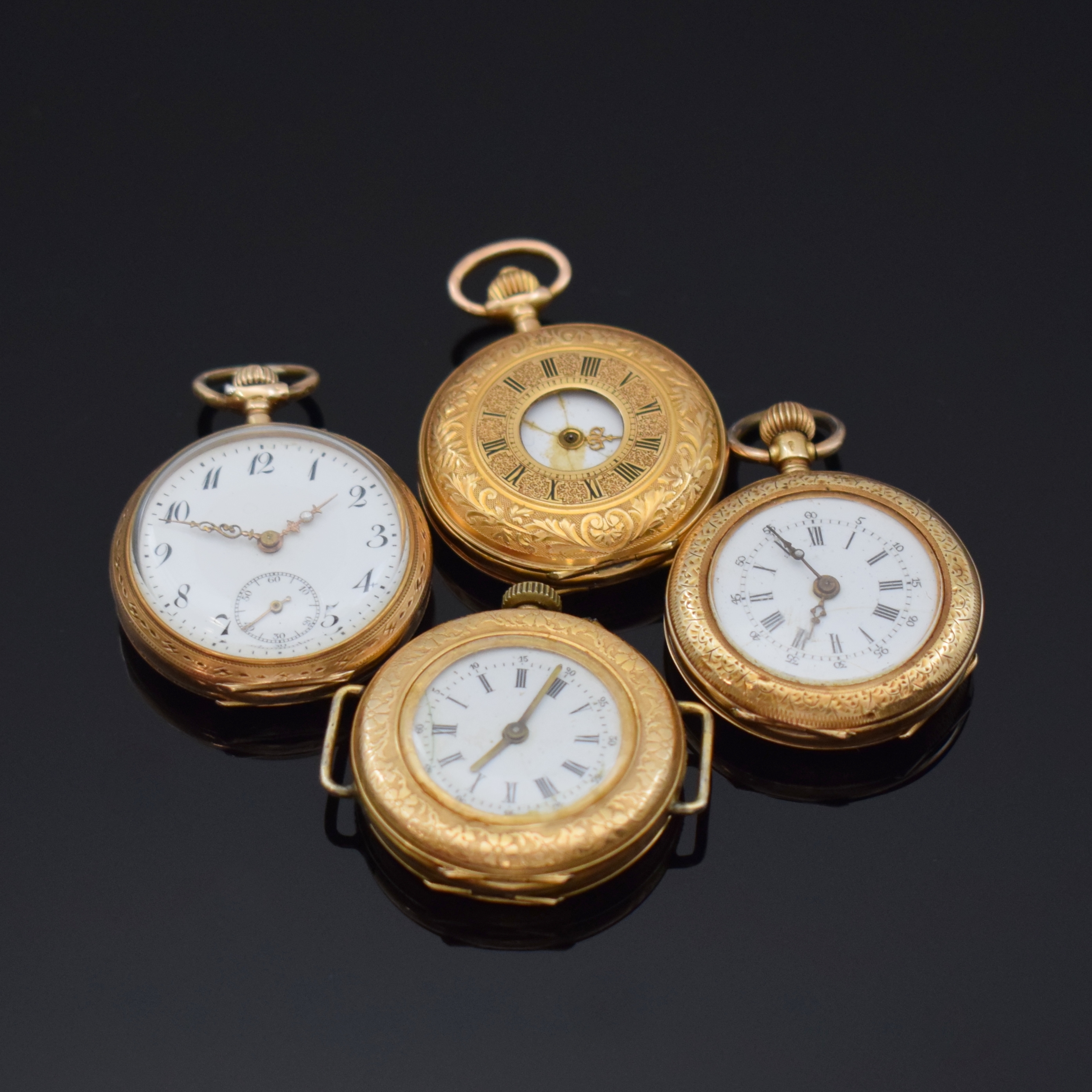 4 Taschenuhren in GG 585/000, Schweiz um 1900-1910, 3 x offen und 1x Halbsavonette, Geh. dell., alle Metallcuvette, Rückdeckel grav., ...