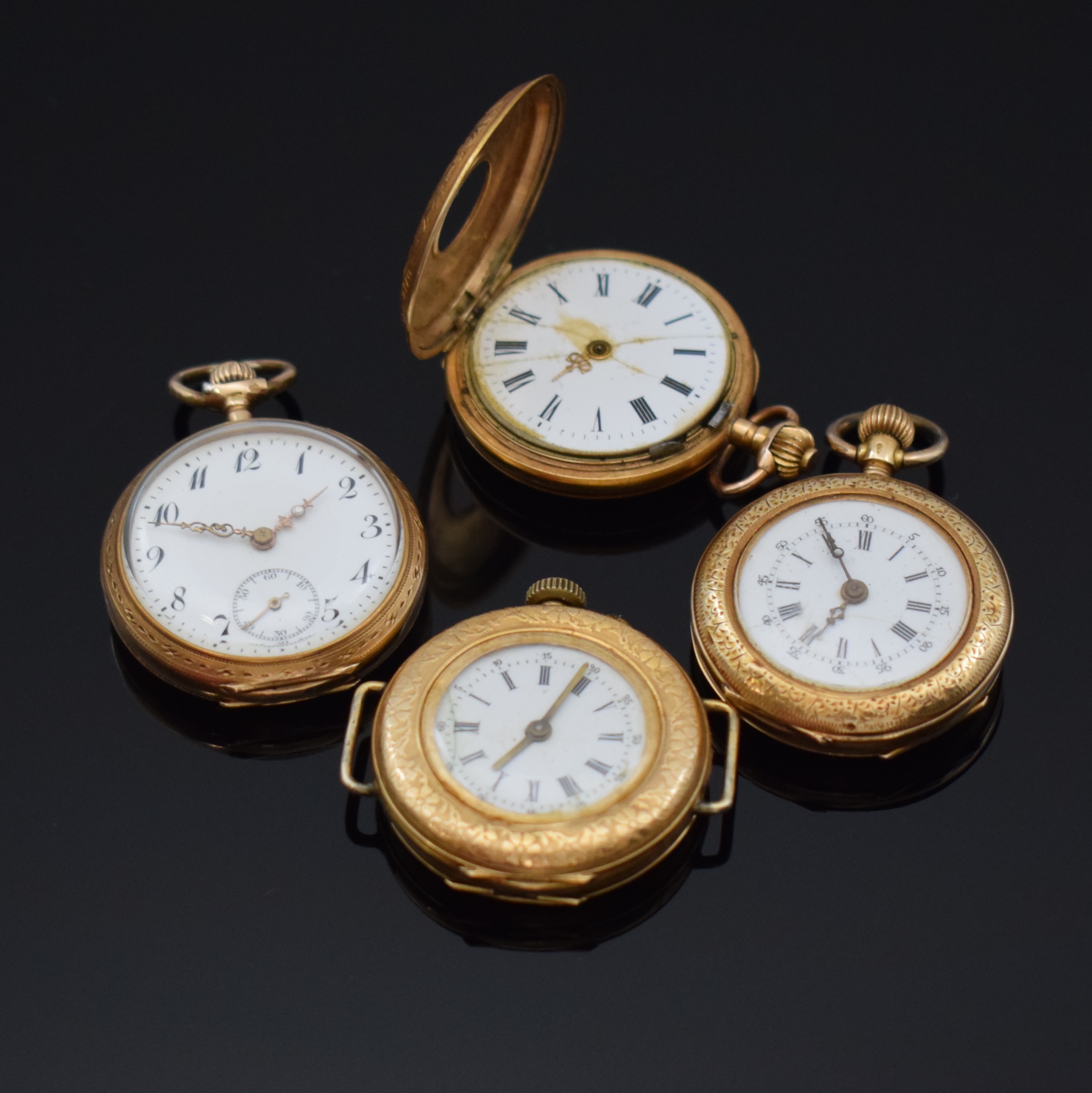 Detail a: 4 Taschenuhren in GG 585/000, Schweiz um 1900-1910, 3 x offen und 1x Halbsavonette, Geh. dell., alle Metallcuvette, Rückdeckel grav., ...