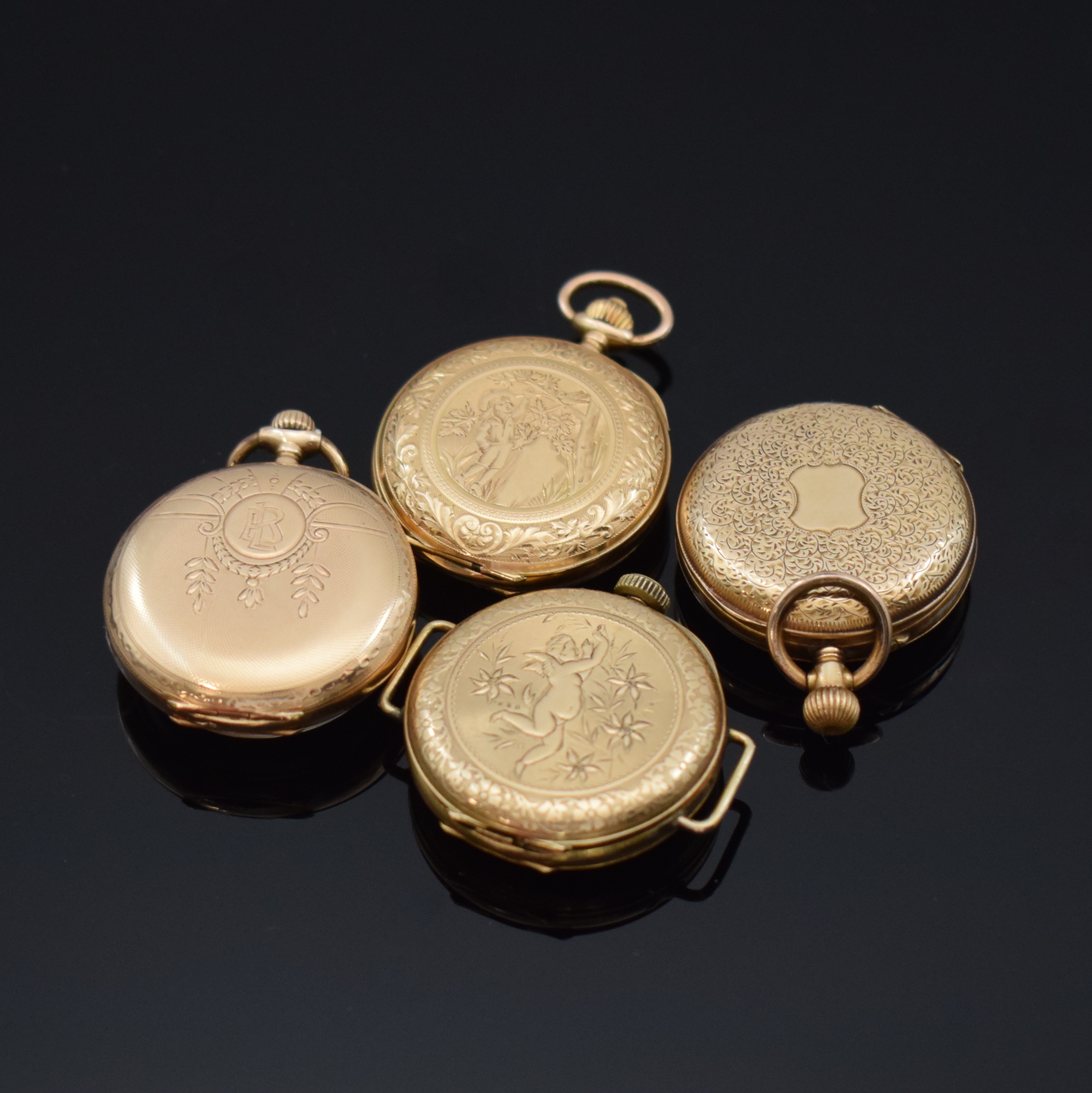 Detail b: 4 Taschenuhren in GG 585/000, Schweiz um 1900-1910, 3 x offen und 1x Halbsavonette, Geh. dell., alle Metallcuvette, Rückdeckel grav., ...