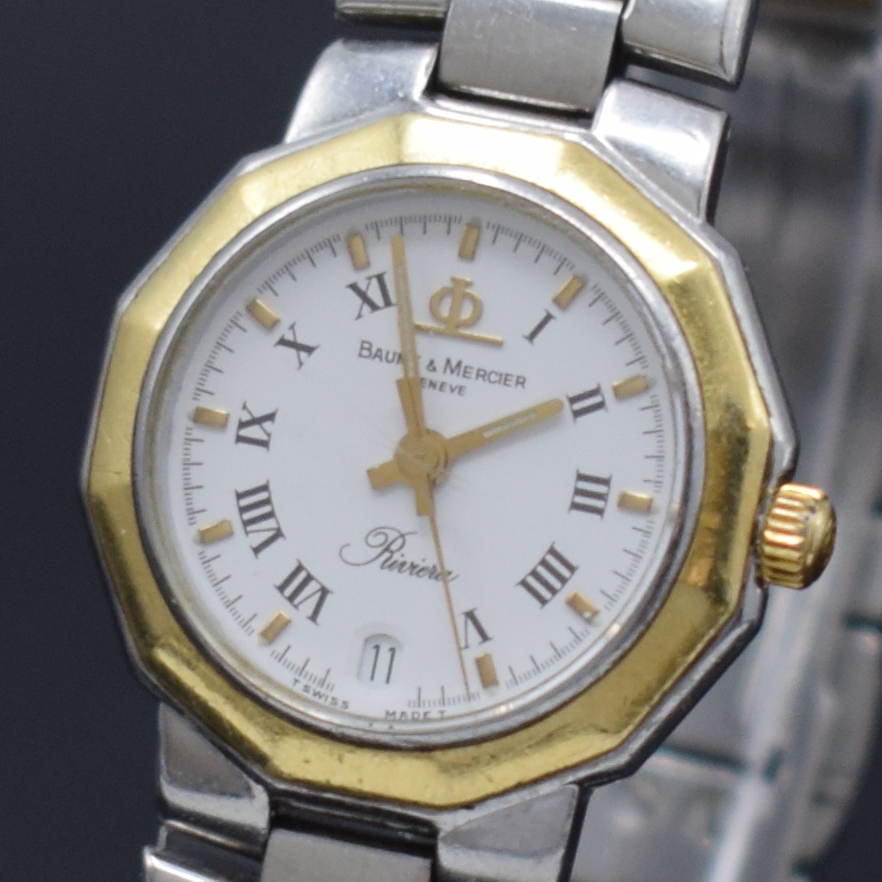 Detail a: BAUME & MERCIER Riviera Damenarmbanduhr in Stahl/Gold Referenz 5231.038, Schweiz um 1985, quartz, 12-eckiges Geh., Boden u. Krone verschr., integr. ...