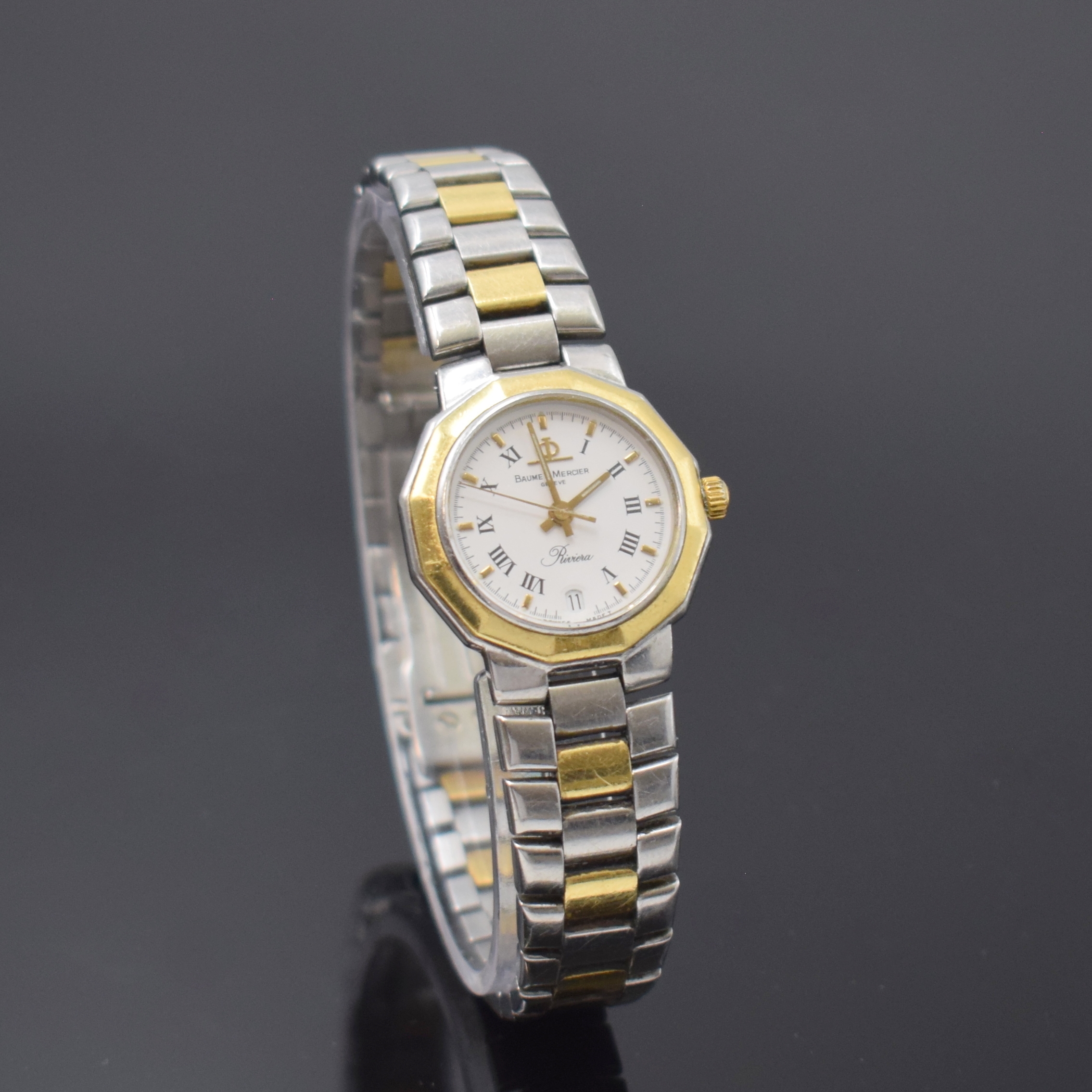 Detail b: BAUME & MERCIER Riviera Damenarmbanduhr in Stahl/Gold Referenz 5231.038, Schweiz um 1985, quartz, 12-eckiges Geh., Boden u. Krone verschr., integr. ...