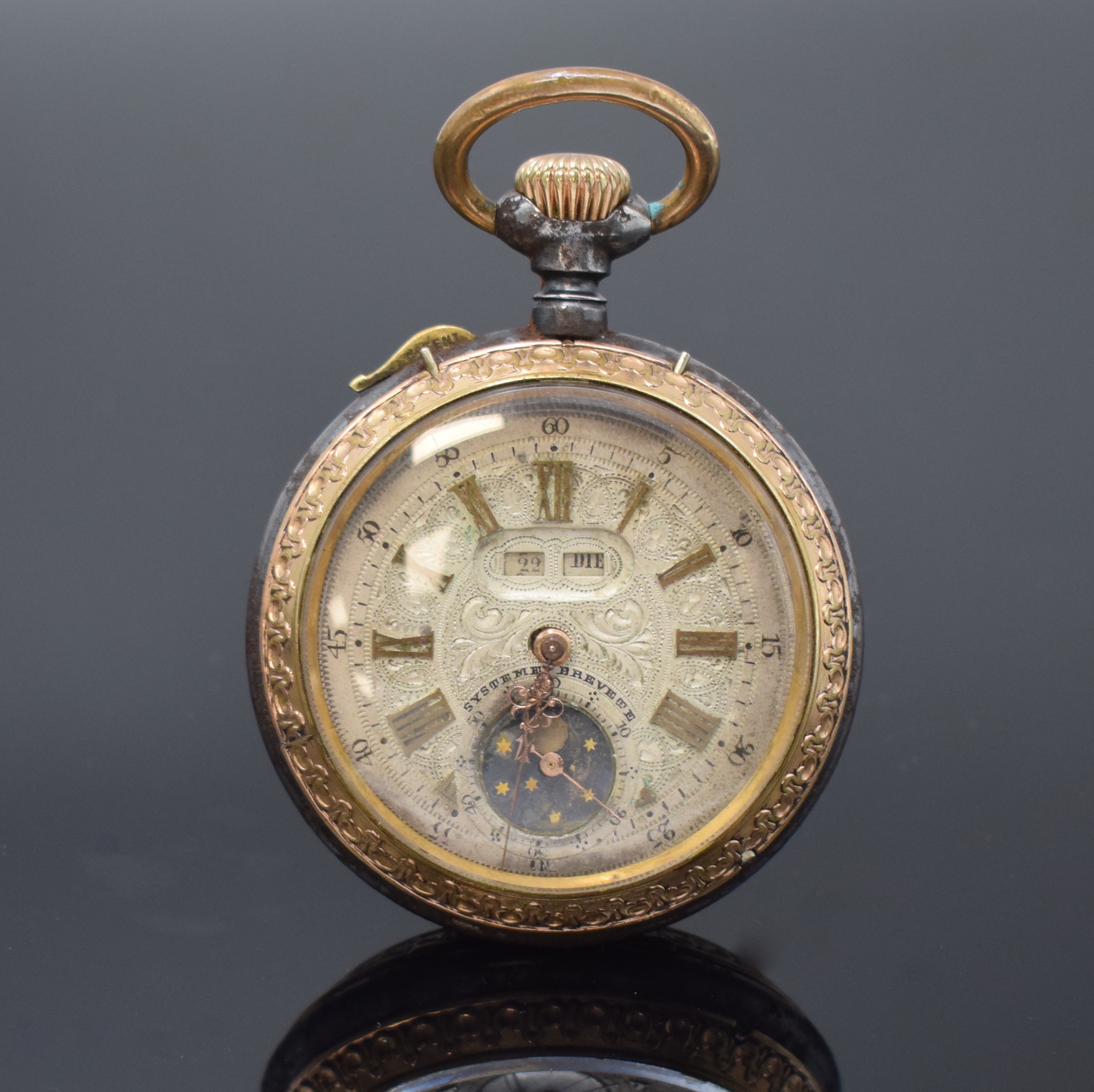 MINERVA seltene Vollkalender-Taschenuhr in brüniertem Stahl/vergoldet, Schweiz um 1880, Stahlgeh. korr., an den Rändern floral verziert u. verg., ...