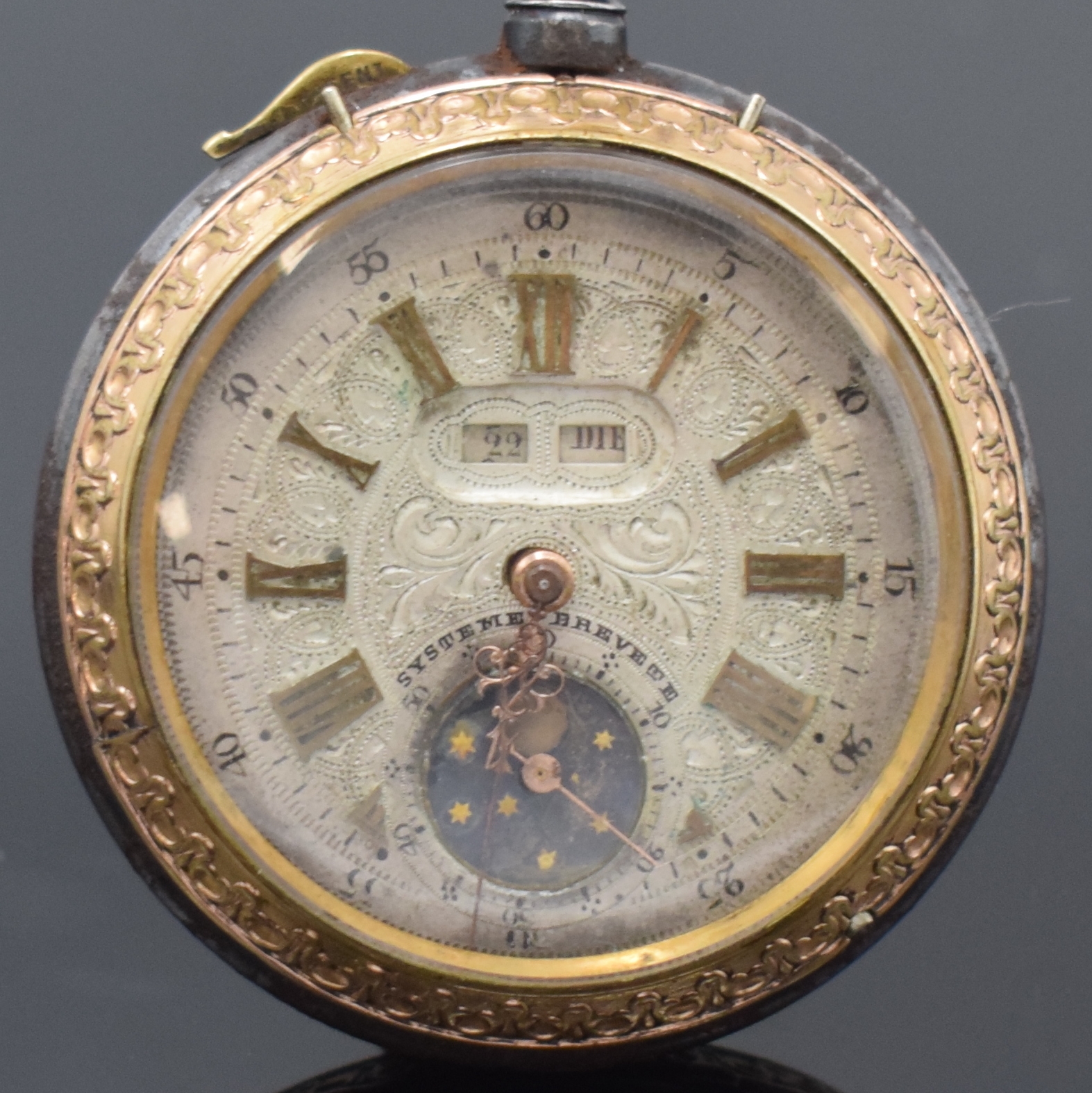 Detail a: MINERVA seltene Vollkalender-Taschenuhr in brüniertem Stahl/vergoldet, Schweiz um 1880, Stahlgeh. korr., an den Rändern floral verziert u. verg., ...