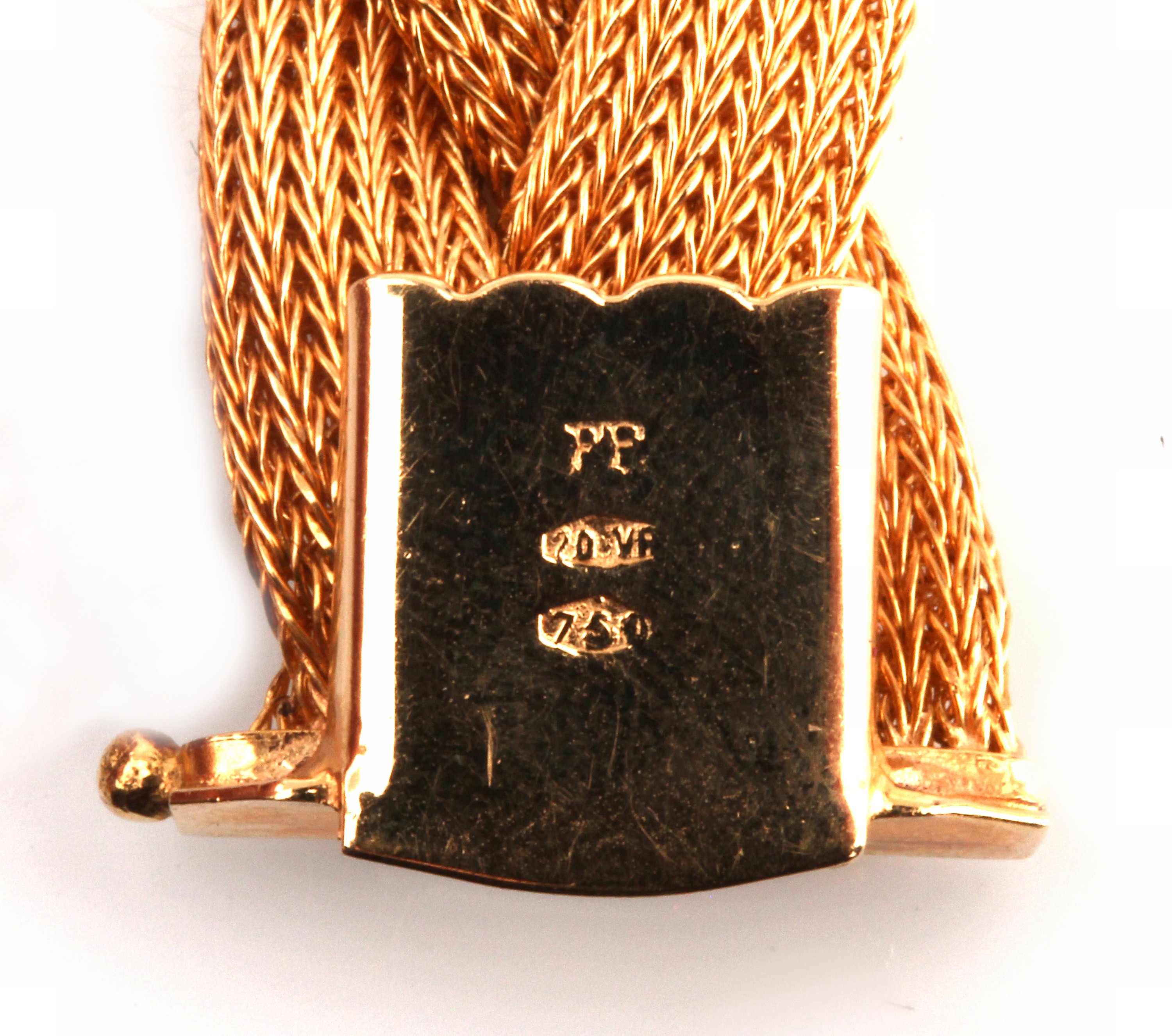 Detail b: 18 kt Gold Armband, GG 750/000, aufwändige Flechtarbeit, B. ca 1.6 cm, L. ca. 18.5 cm, Kastenschloss mit Sicherheitsacht, ca. 35.2 g