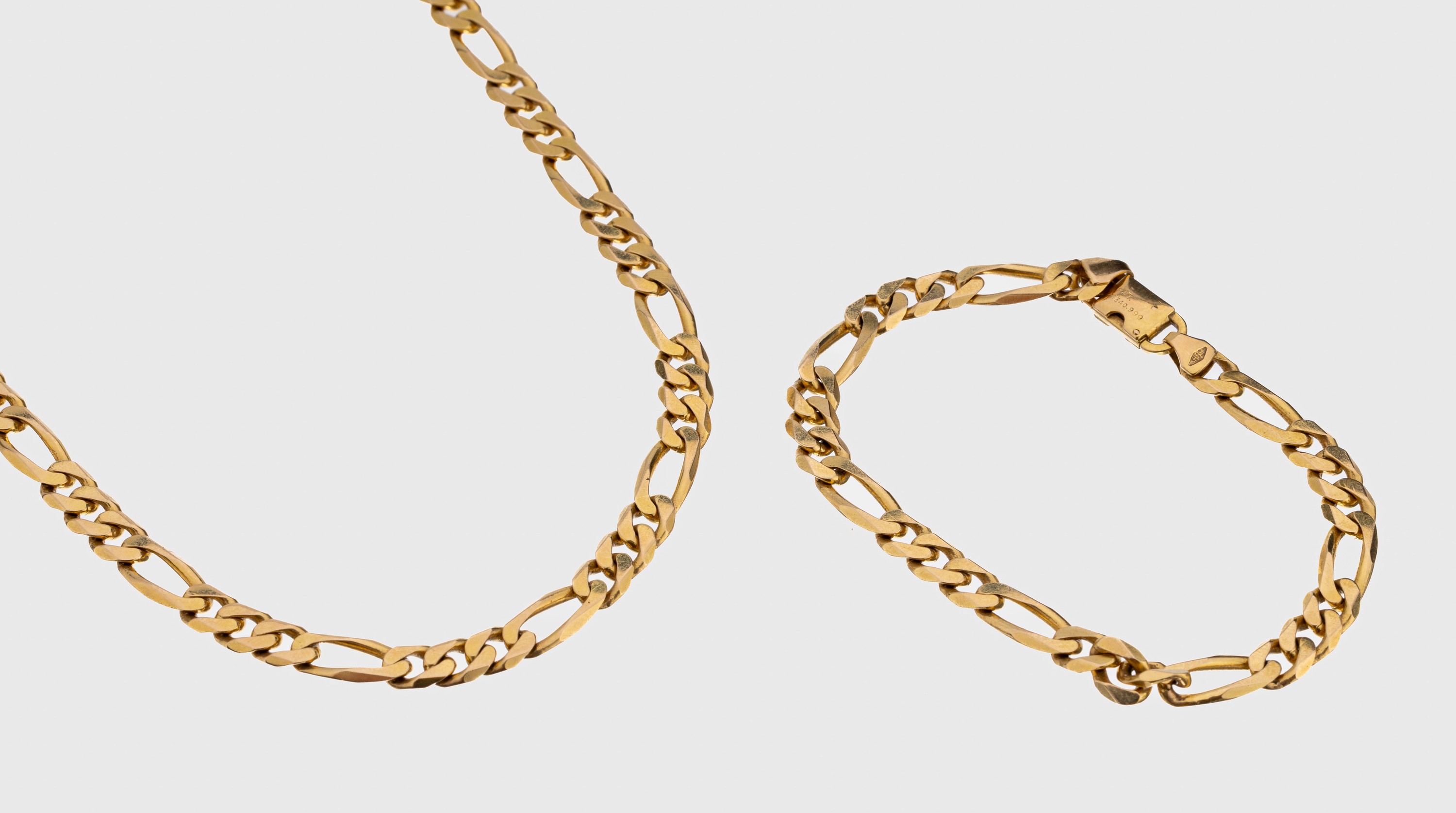 14 kt Gold Schmuckset, ca. 56,5 g GG 585/000, best. aus: Collier, L. ca. 57 cm, undArmband, L. ca. 19 cm, Karabinerschließen, kombinierbar und als ...
