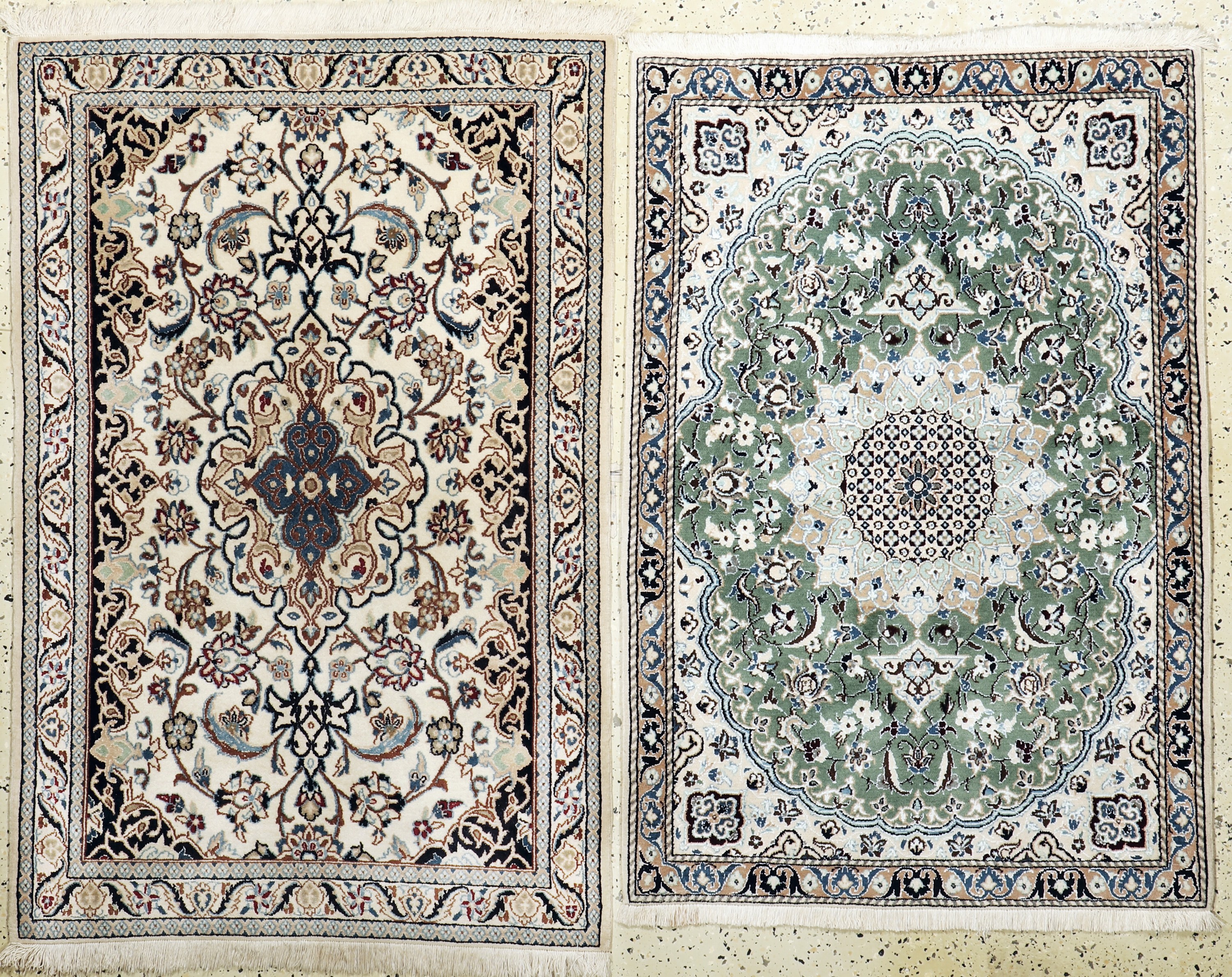 2 Lots Nain fein(9 La), Persien, Ende 20.Jhd, Korkwolle mit Seide, ca. 136 x 91 cm & ca. 127 x 86 cm, EHZ: 1-2