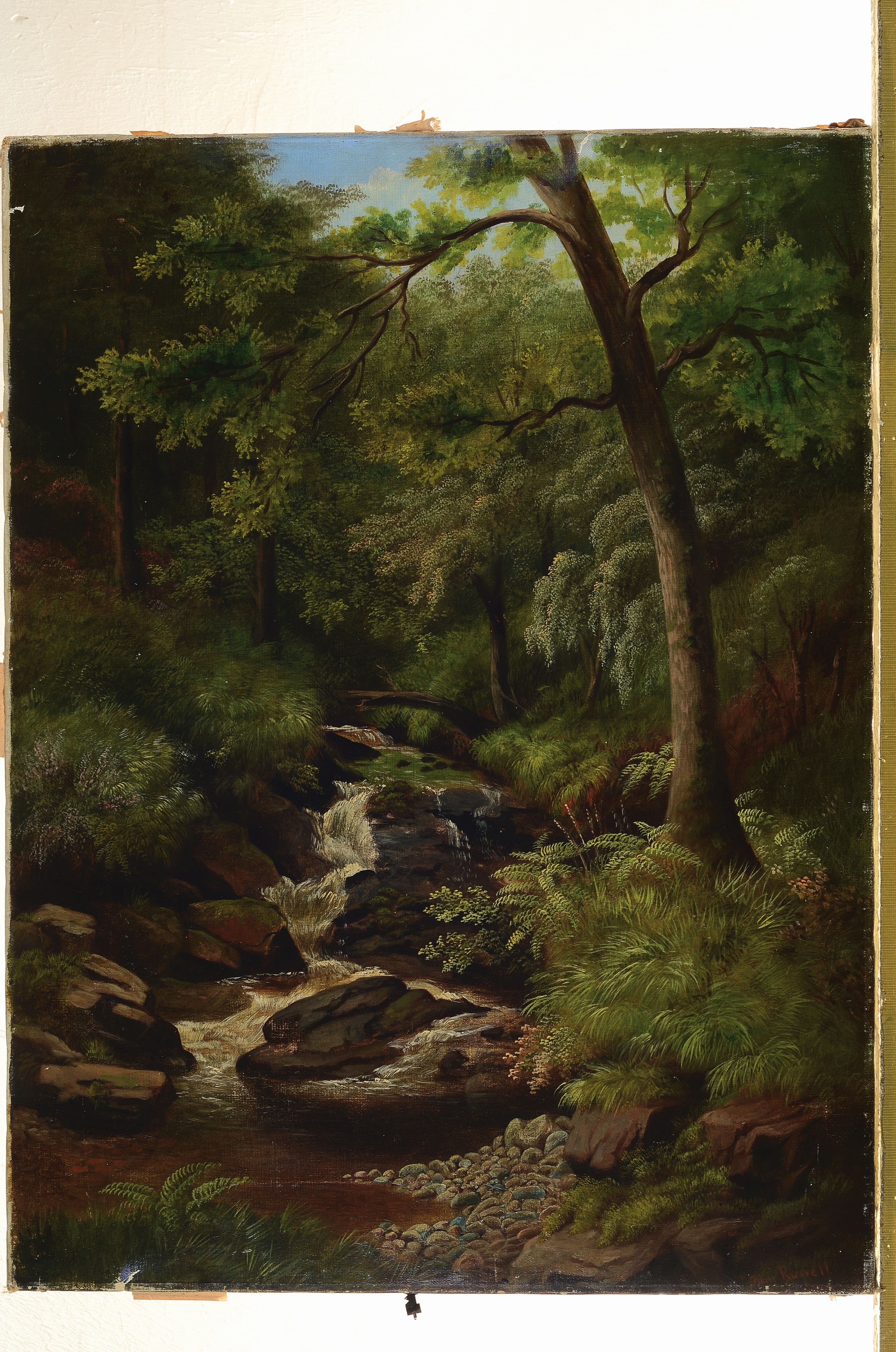 Detail k: John Russel, britischer Maler, um 1900, Waldansicht mit Bachlauf, Öl/Lwd., feinen Abstufungen in den Grüntönen der Vegetation, rechts unten sign., ...