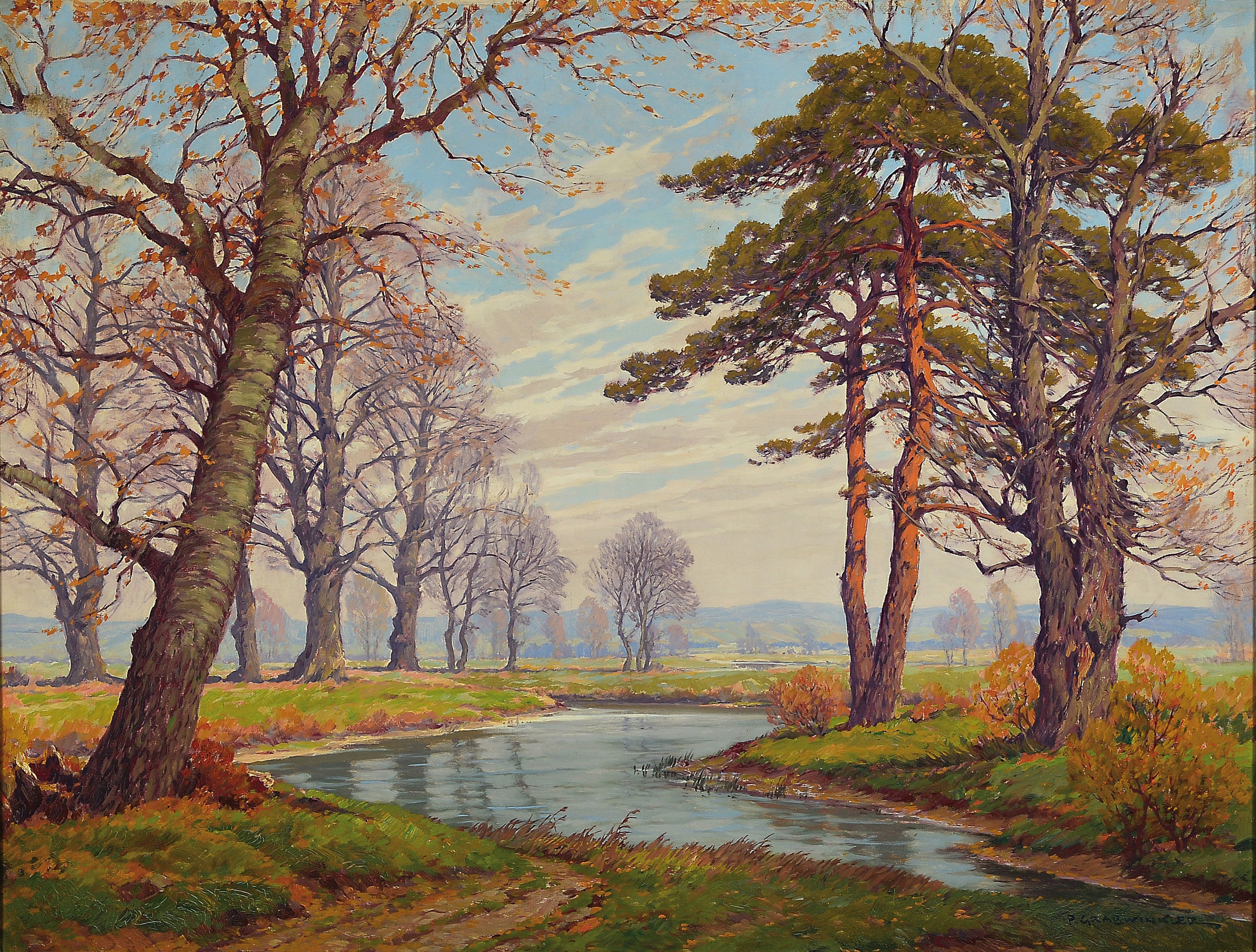 Peter Grabwinkler, 1885-1943, Weite Voralpenlandschaft mit Bäumen und Bachlauf, Öl/Lwd/Malkarton, rechts unten sign., ca. 63x 95cm, R. ca. 79x111cm