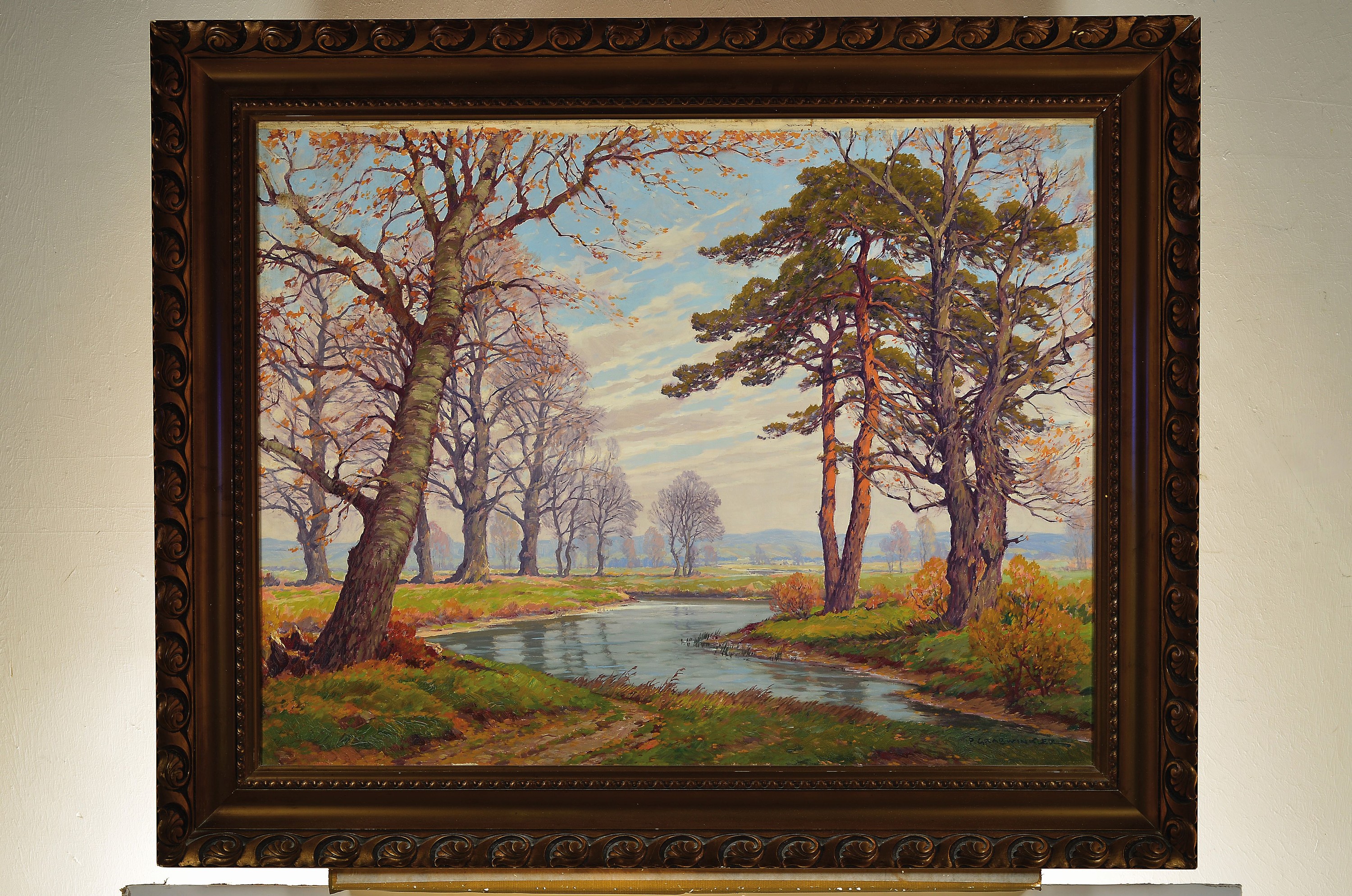 Detail k: Peter Grabwinkler, 1885-1943, Weite Voralpenlandschaft mit Bäumen und Bachlauf, Öl/Lwd/Malkarton, rechts unten sign., ca. 63x 95cm, R. ca. 79x111cm