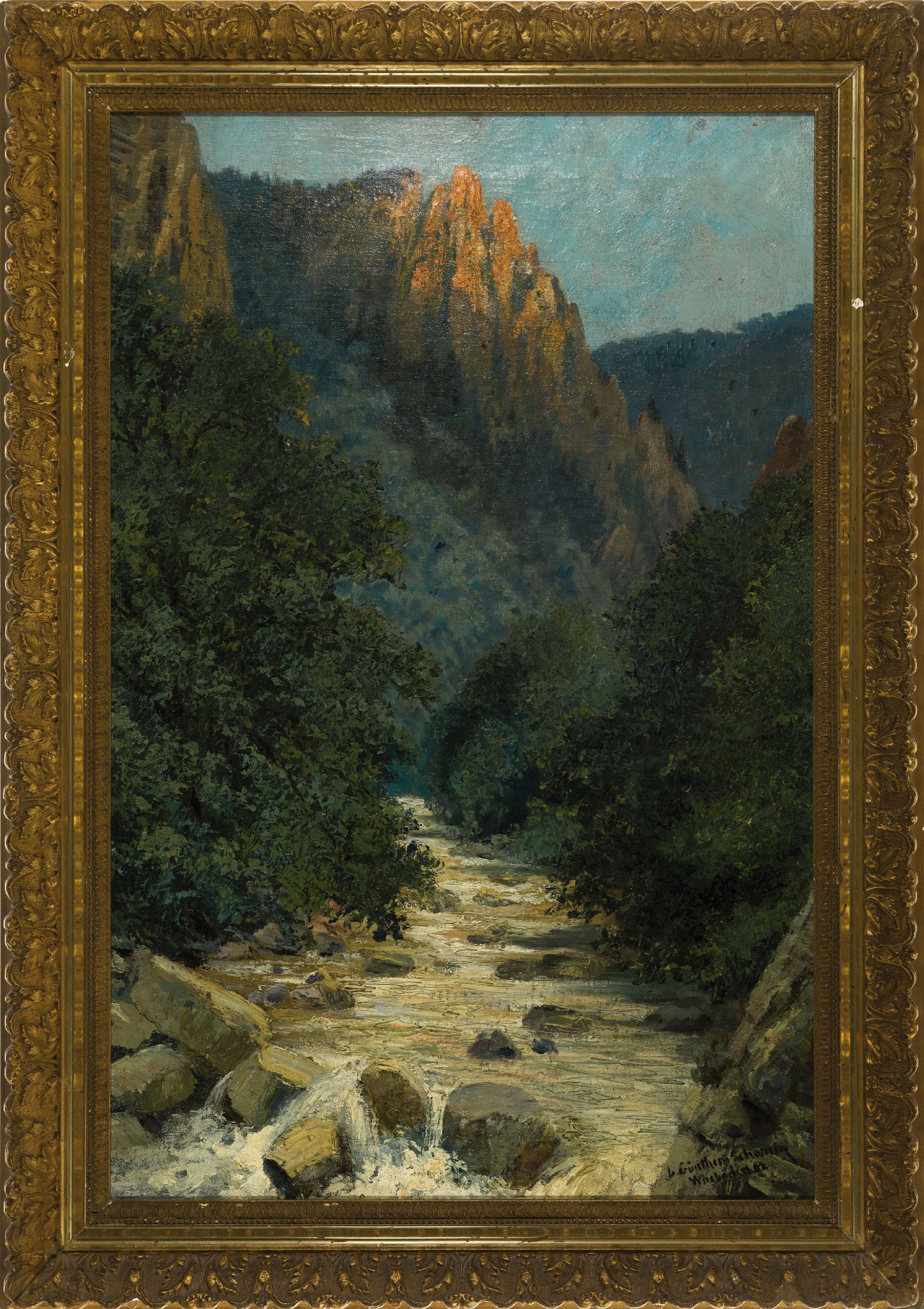 Detail k: Günther Schornig, datiert Wiesbaden (19)02, baumbestandener Bachlauf im Gebirge, verso betitelt: Abendsonne im Bodetal, Öl/Lwd, rechts unten ...