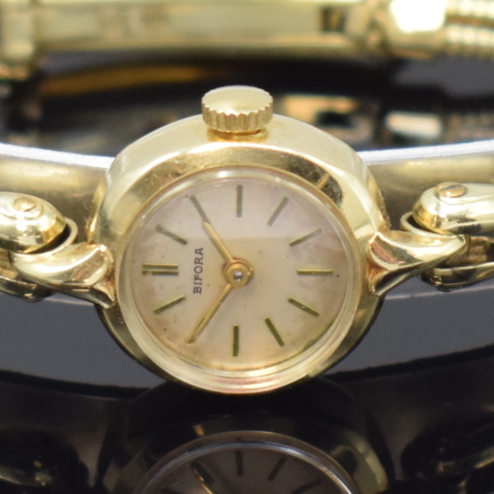 Detail a: BIFORA Damenarmbanduhr in GG 585/000, Handaufzug, Schweiz 1960er Jahre, Boden aufgedr., 2-reihiges GG 585/000 Band m. Sicherheitskettchen, silb. ...