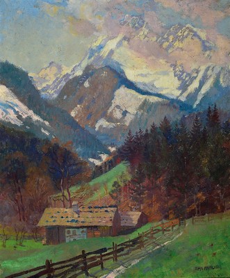 Image 26891459 - Günther Schornig, datiert Wiesbaden (19)02, baumbestandener Bachlauf im Gebirge, ...