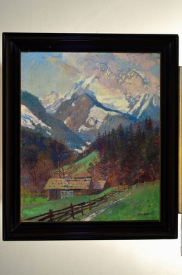 26891459k - Günther Schornig, datiert Wiesbaden (19)02, baumbestandener Bachlauf im Gebirge, ...