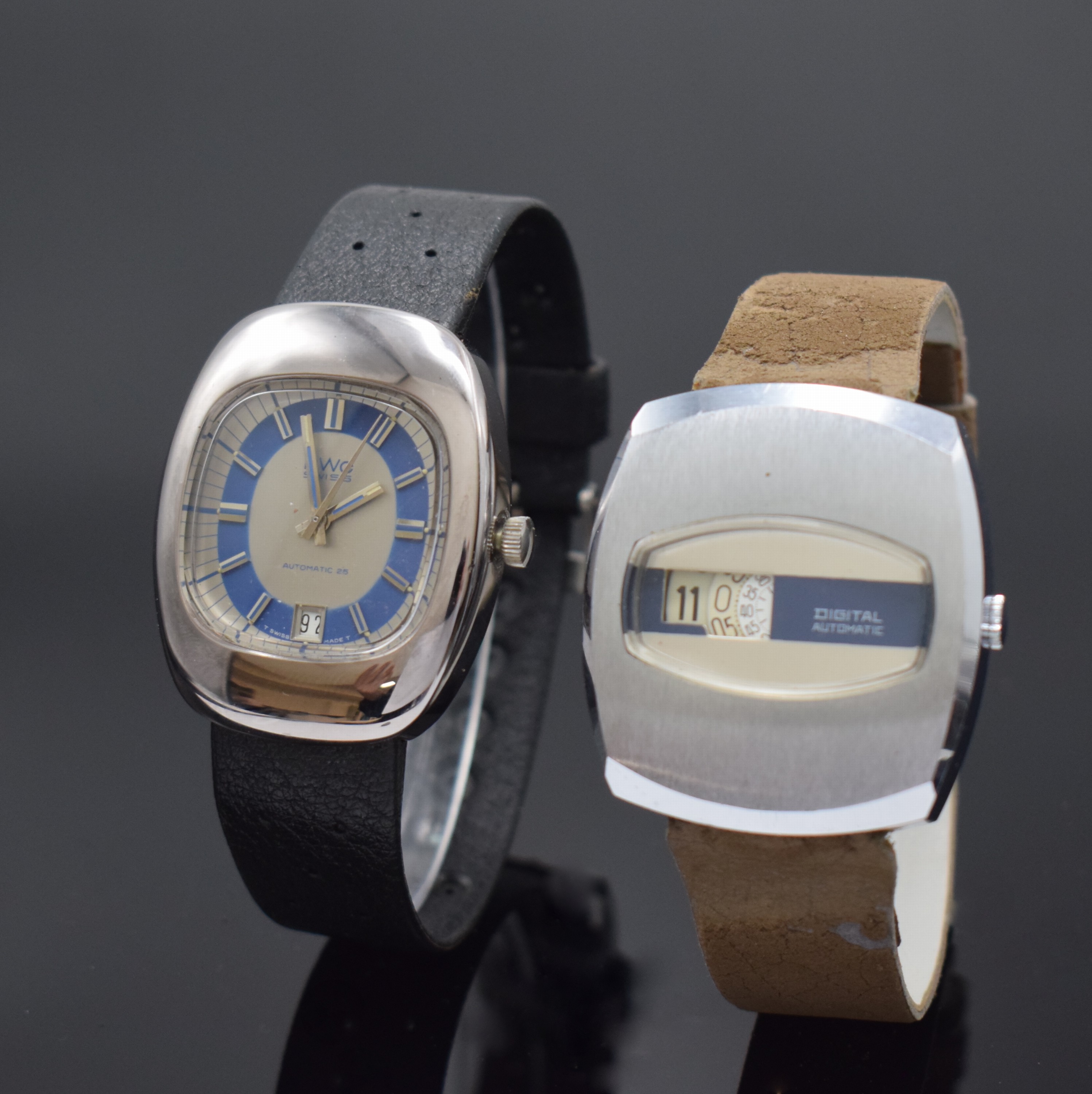 Konvolut 2 Armbanduhren, beide 1970er Jahre, beide Automatik, 1 x BWC, verchr. Geh., Edelstahlboden verschr., 2-farb. Zifferbl. m. aufgel. Indizes ...