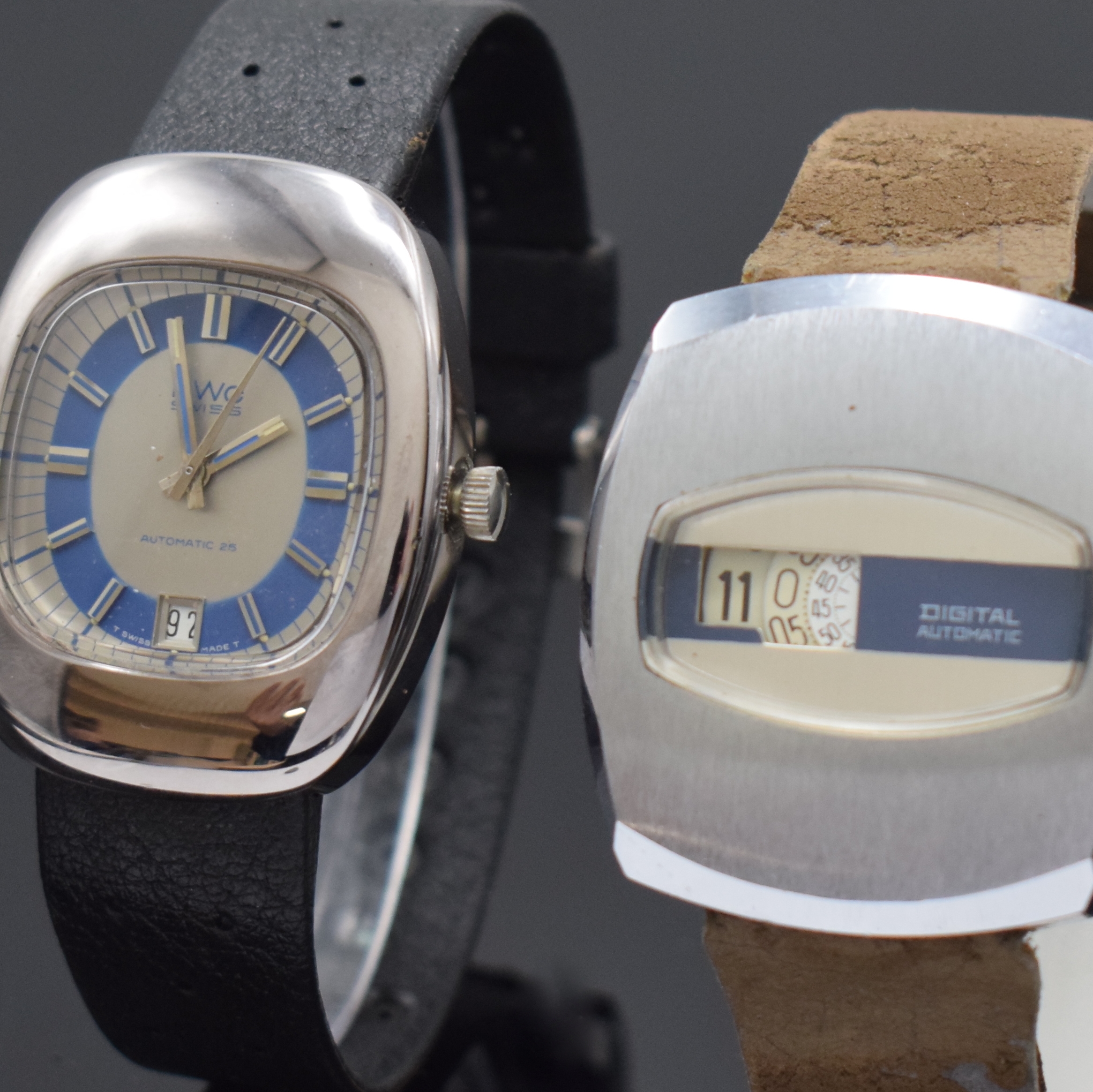 Detail a: Konvolut 2 Armbanduhren, beide 1970er Jahre, beide Automatik, 1 x BWC, verchr. Geh., Edelstahlboden verschr., 2-farb. Zifferbl. m. aufgel. Indizes ...