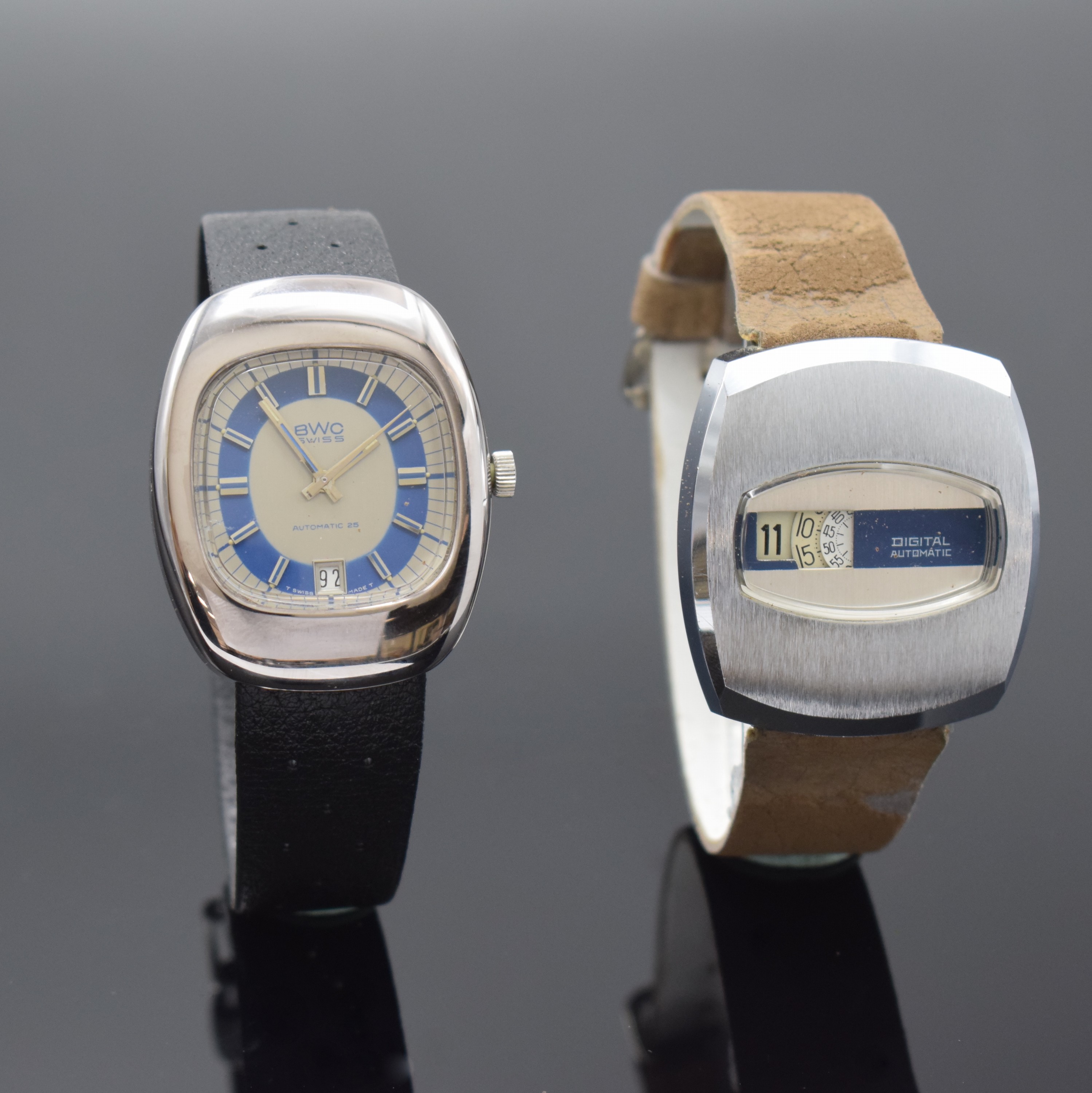 Detail b: Konvolut 2 Armbanduhren, beide 1970er Jahre, beide Automatik, 1 x BWC, verchr. Geh., Edelstahlboden verschr., 2-farb. Zifferbl. m. aufgel. Indizes ...