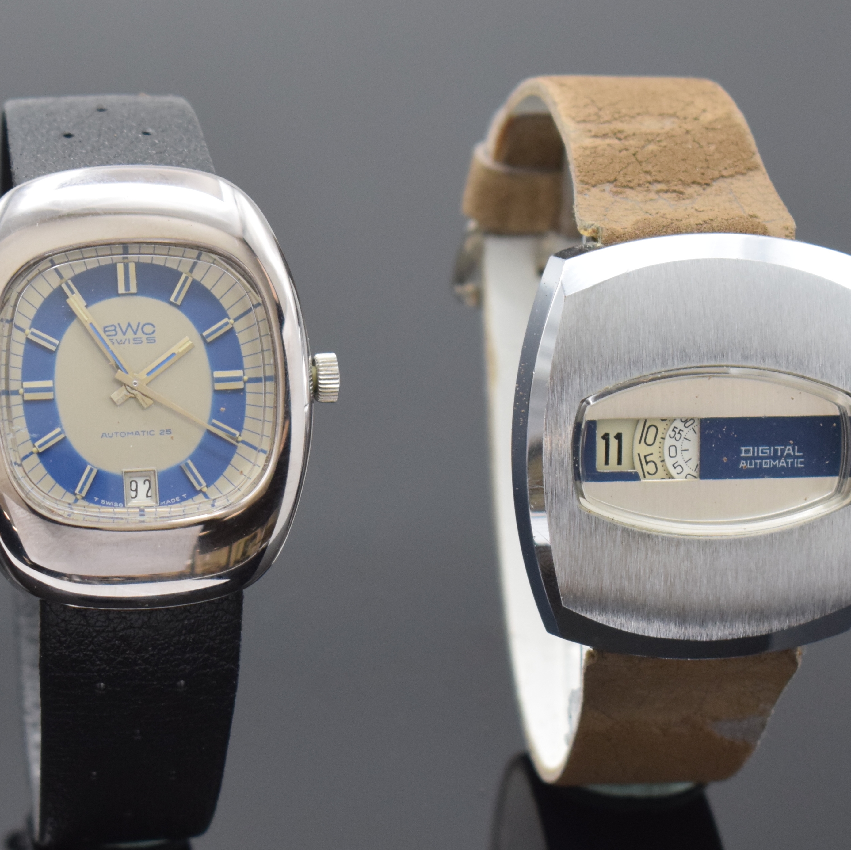Detail c: Konvolut 2 Armbanduhren, beide 1970er Jahre, beide Automatik, 1 x BWC, verchr. Geh., Edelstahlboden verschr., 2-farb. Zifferbl. m. aufgel. Indizes ...