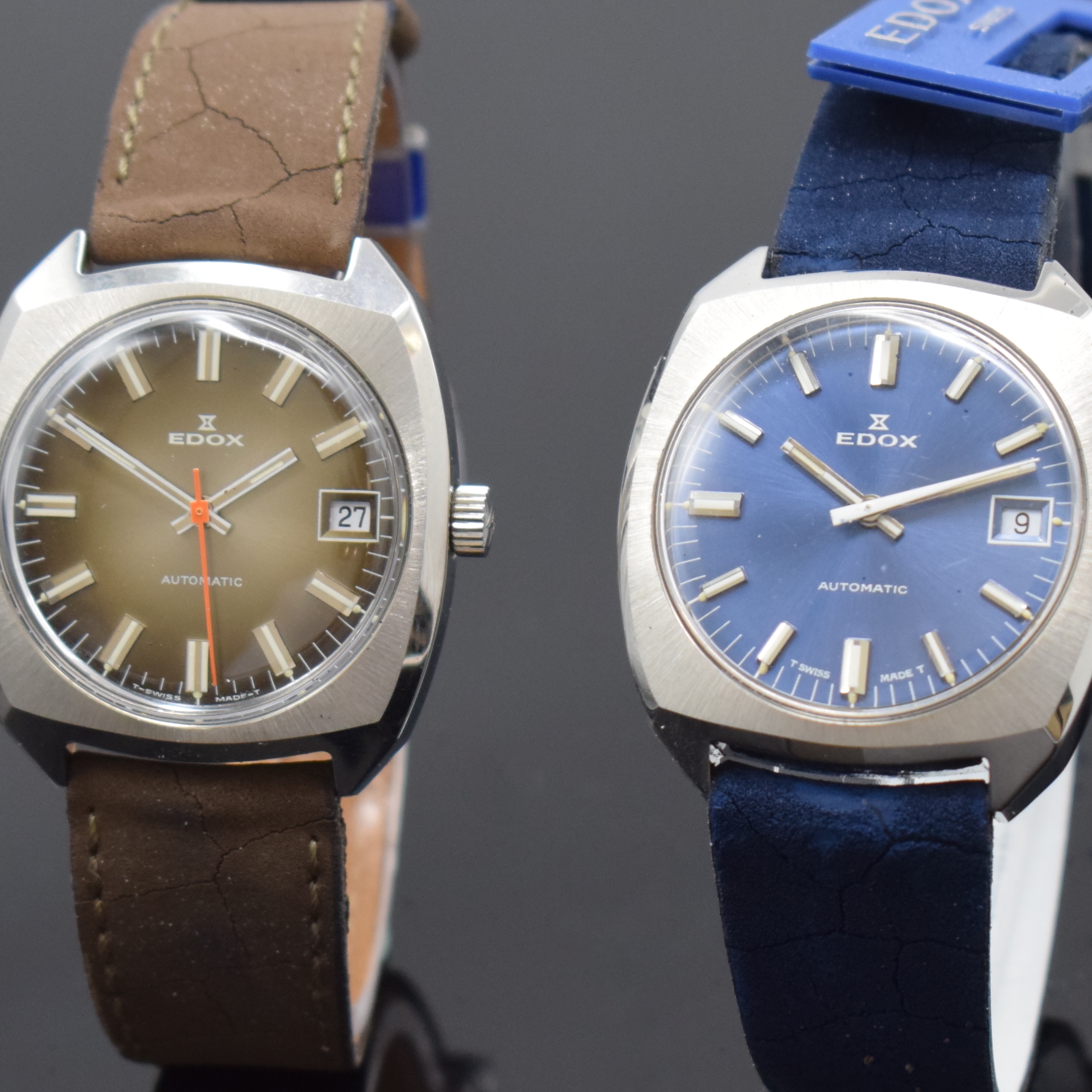 Detail a: Konvolut 2 EDOX nahezu neuwertige Armbanduhren, Schweiz um 1975, beide Edelstahlgeh., Böden verschr., 1 x braunes Fume-, 1 x blaues Zifferbl., Anz. ...