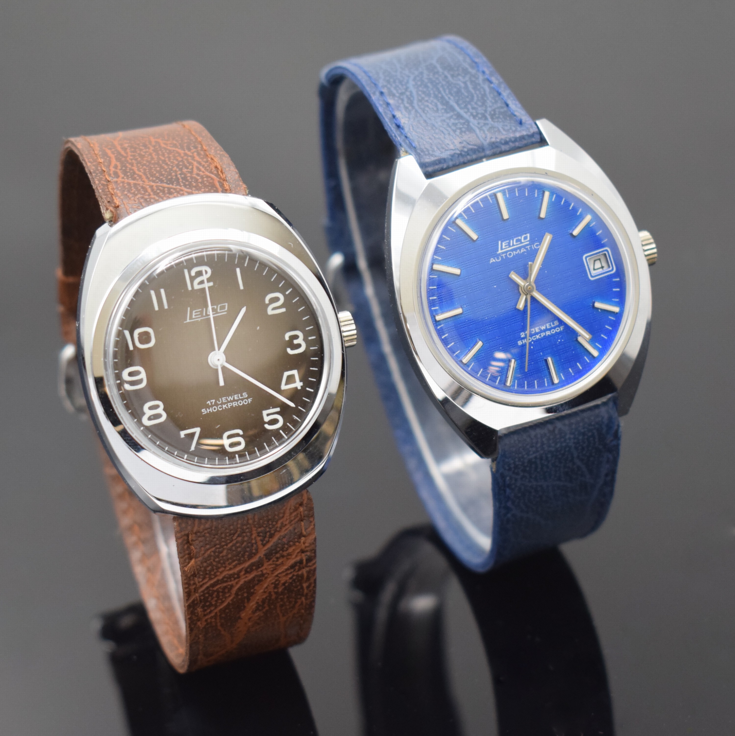 Detail a: Konvolut 2 LEICO Armbanduhren, um 1970, 1 x Automatik mit Kal. PUW 1561, 1 x Handaufzug Kal. PUW 560, beide verchromte Metallgeh., Edelst.-Böden ...