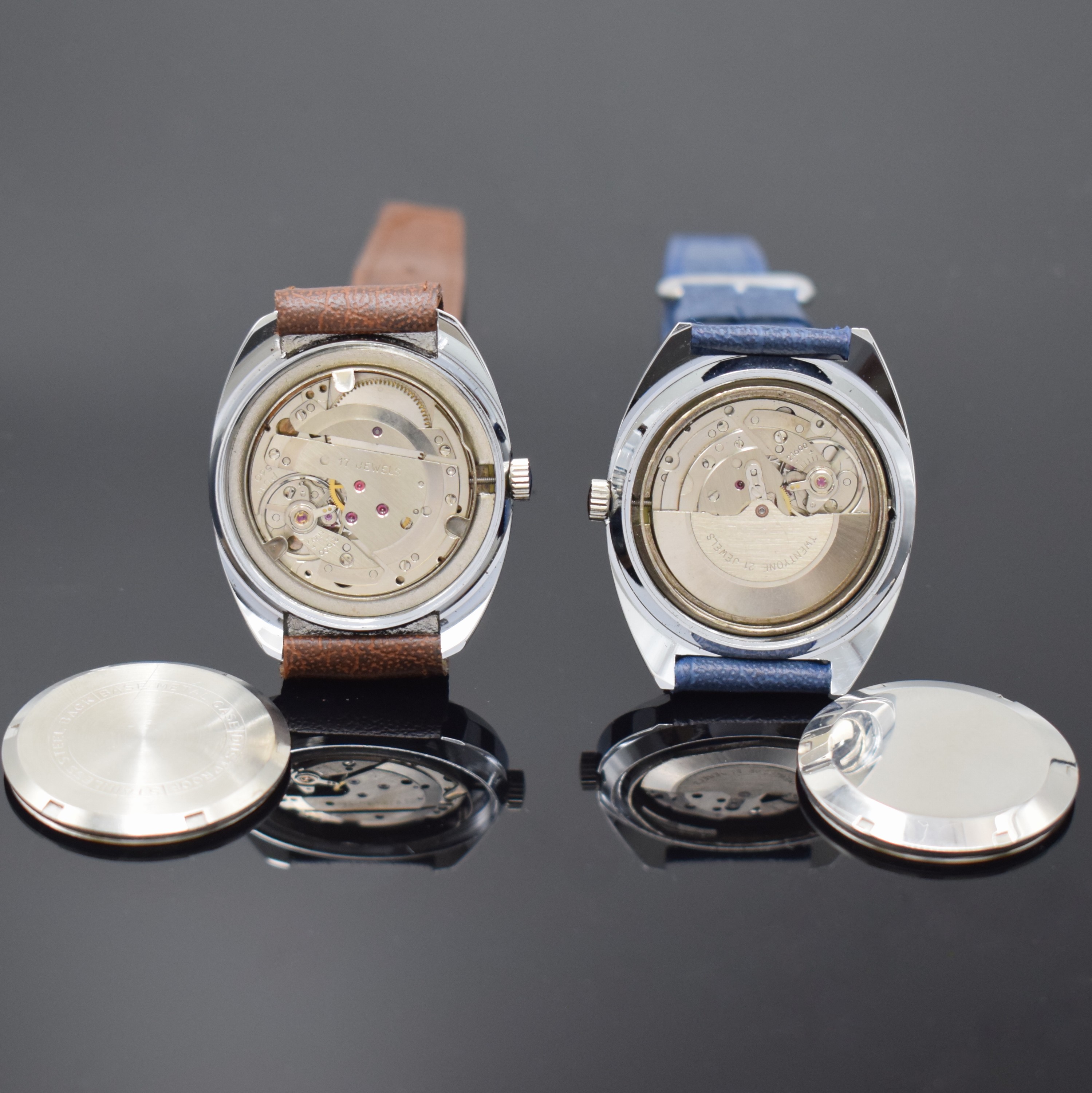 Detail d: Konvolut 2 LEICO Armbanduhren, um 1970, 1 x Automatik mit Kal. PUW 1561, 1 x Handaufzug Kal. PUW 560, beide verchromte Metallgeh., Edelst.-Böden ...