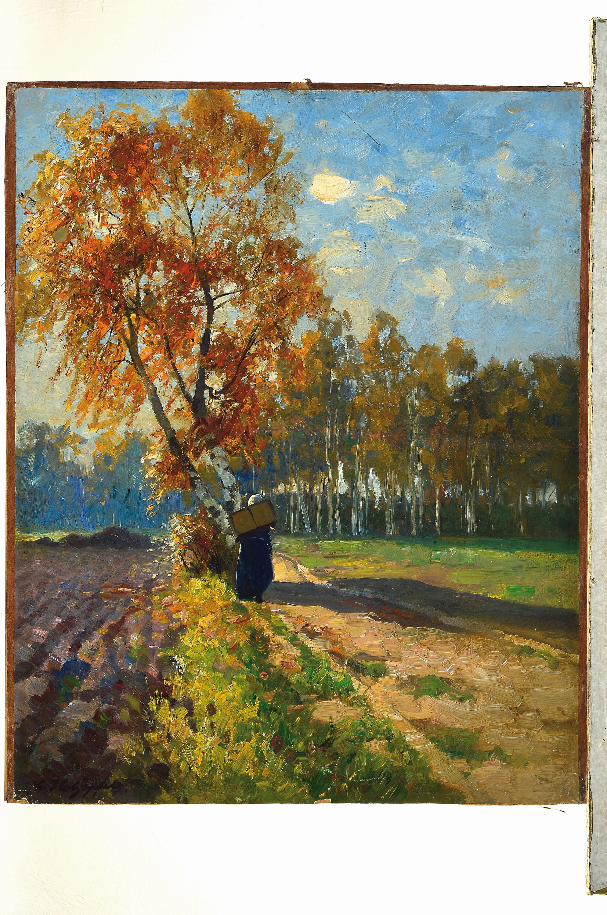 Detail k: Carl Holzapfel, 1865 Berlin-1926, Bauersfrau mit Koffer auf einem mit Birken bestandenen Feldweg, Herbststimmung, Öl/Lwd/ Platte, links unten sign., ...