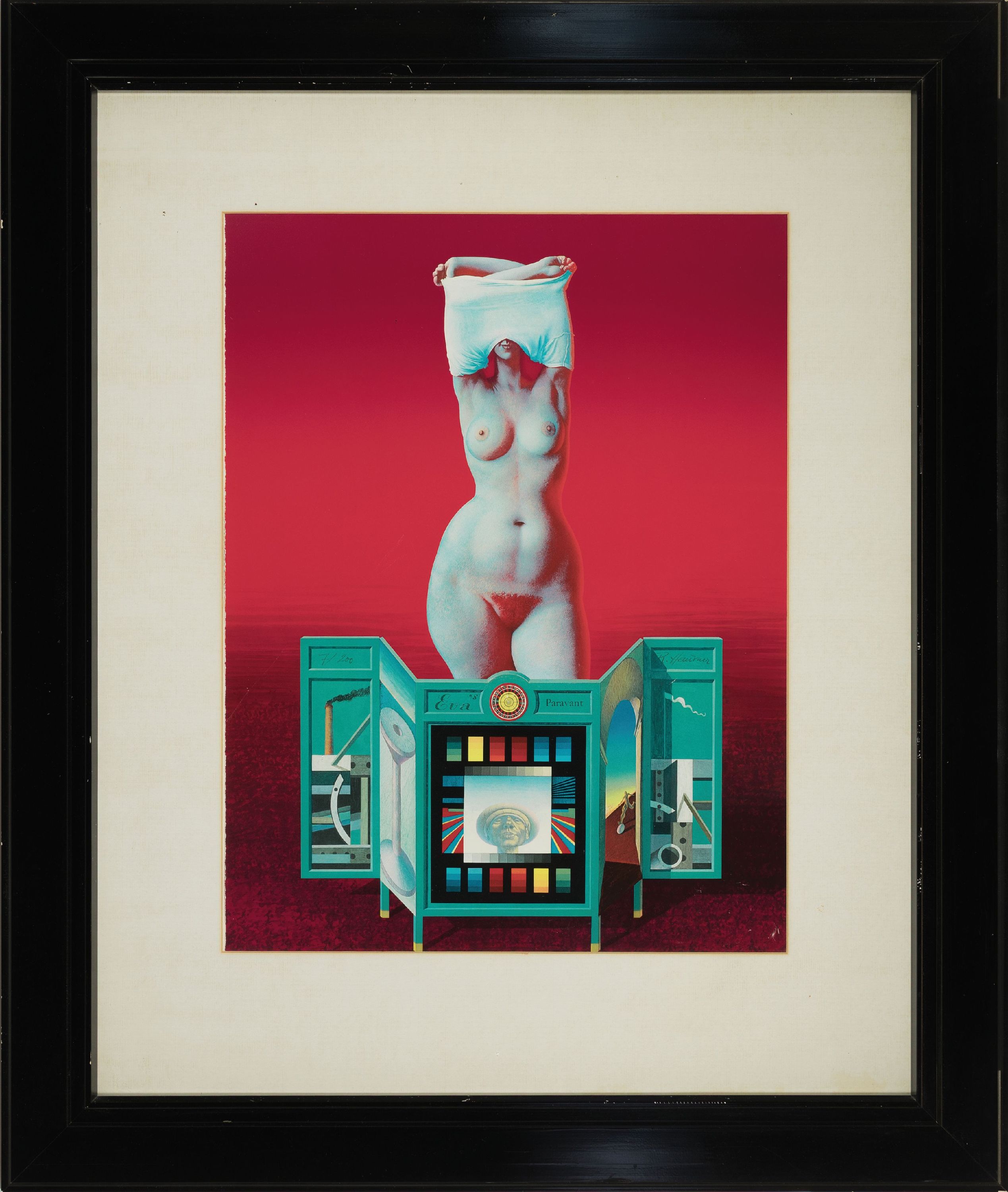 Detail k: Rudolf Hausner, 1914 Wien-1995 Mödling, Farblithographie, "Eva's Paravent", 1980, Ed. 7/200, PP-Ausschnitt 64x48 cm, unter Glas ...