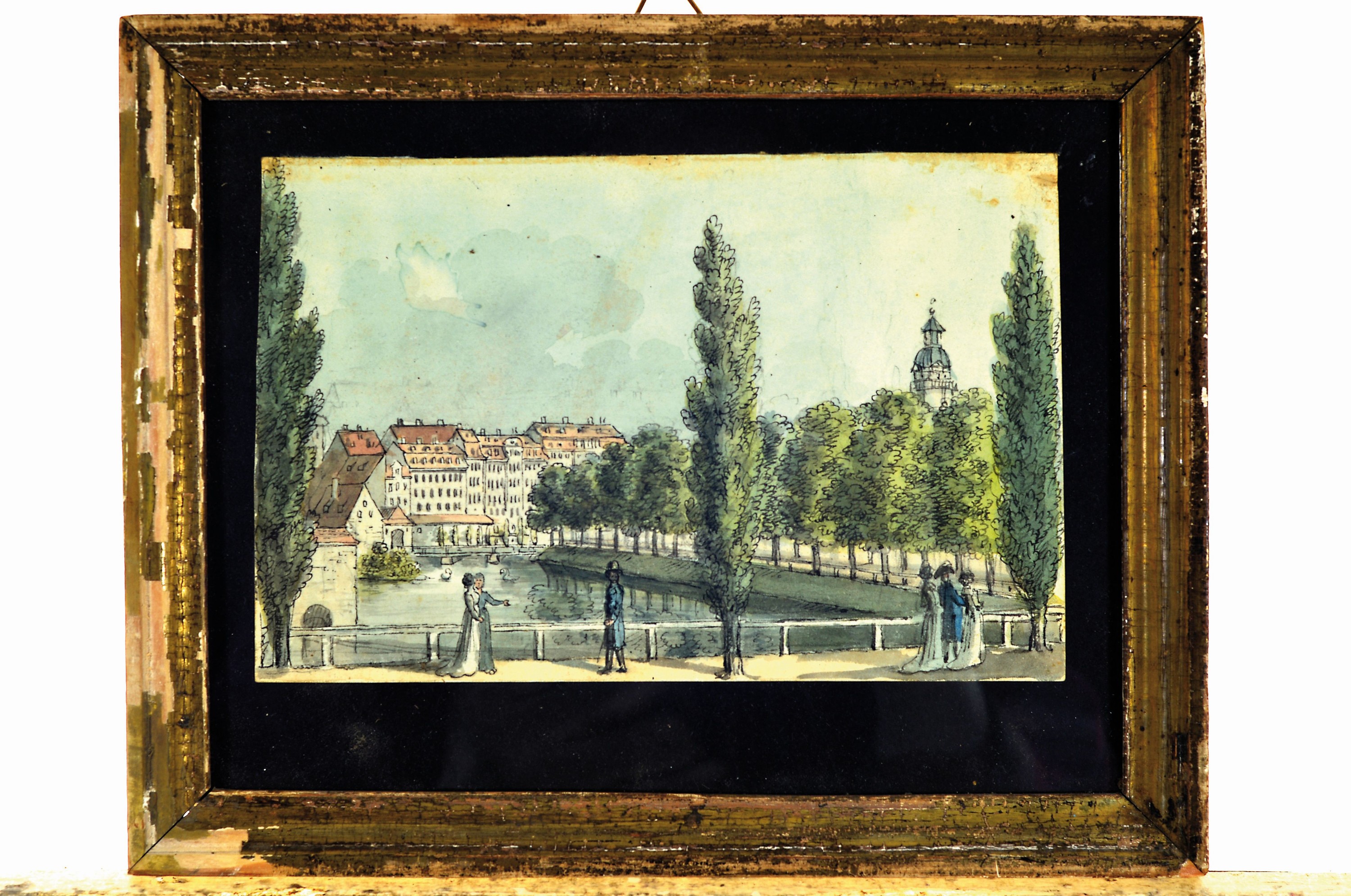 Detail k: Unbekannter Künstler, deutsch, um 1800, Ansicht aus Leipzig, aquarellierte Tuschfederzeichnung, Spaziergänger am Elbufer, ca. 11.5x18cm, u.Gl., R. ...